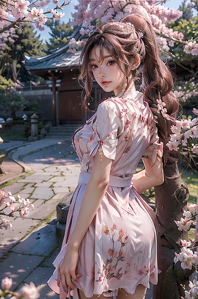 masterpiece、highest quality、High resolution、photorealistic、High resolution、Raw photo、(Around 50 pink flowers blooming on a tree with the shrines torii gate in the background, Cherry Blossoms in the wind, background Cherry tree, background Cherry tree, Cherry Blossom, Cherry Blossoms, Cherry Blossom tree, Cherry Blossom falling, Cherry tree, Cherry tree, Cherry Blossom trees, sakura bloomimg, Cherry Blossom rain everywhere)、((1girl, Back view of a young woman standing under a cherry tree, ponytail, shiny skin, realistic skin texture, She is wearing a white dress, correct hands and fingers, big breasts, big ass)), ((long sleeve, long skirt, See-through dresses, Hair accessories:1.3))、