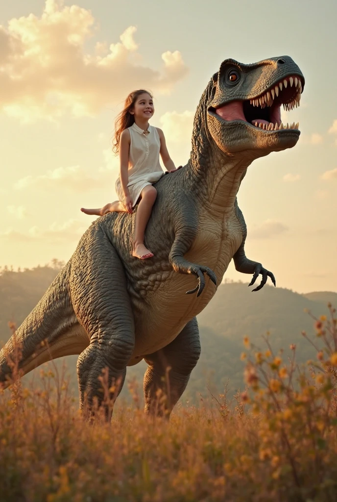a child riding on a hyper-realistic 4k textured Tyrannosaurus Rex, skin texture focuses on realism 