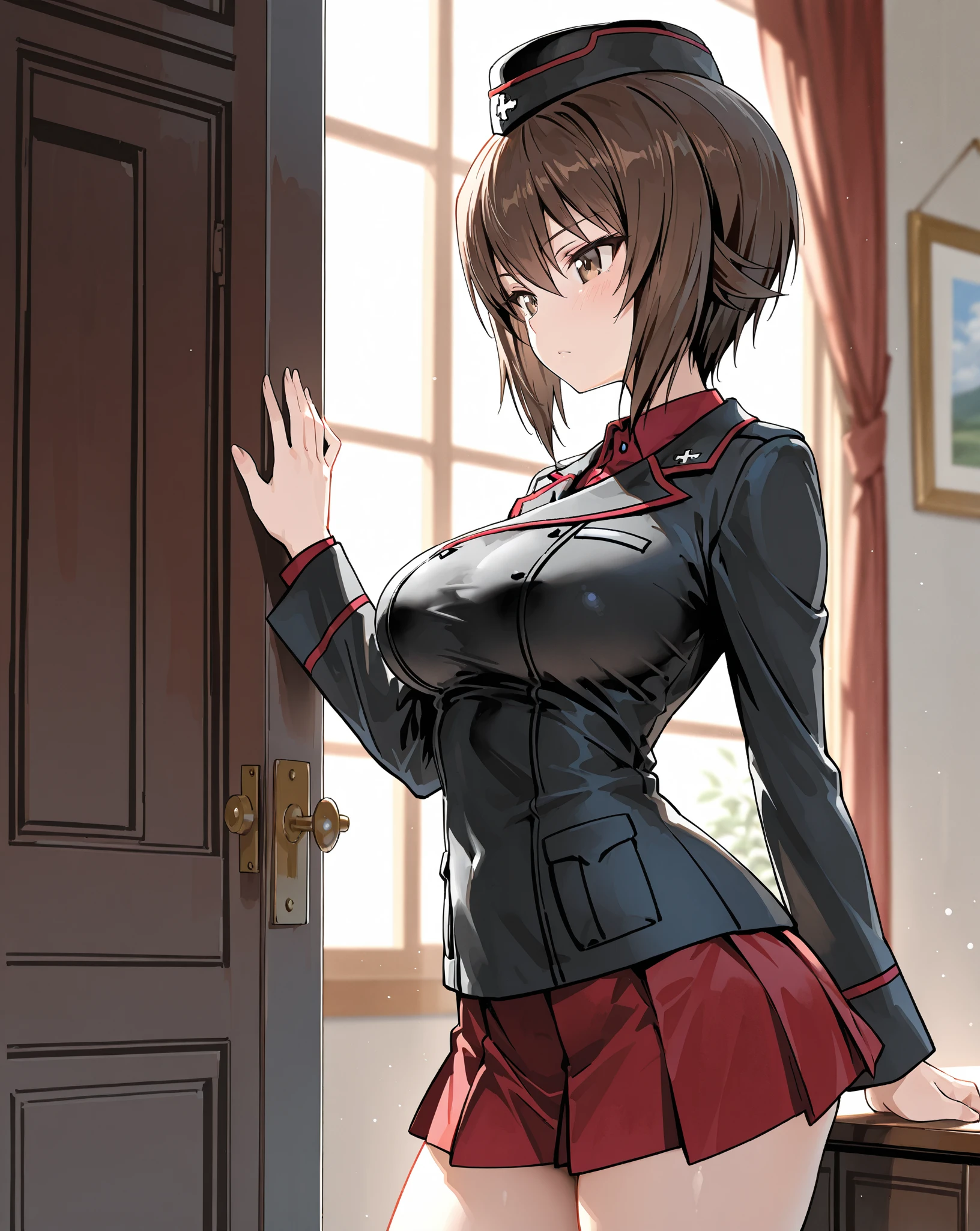 Chisato, 1 girl, hits, interior, short hair, smile, Alone, standing, pose sexy, medium chest, red uniform, garter straps, media, hands behind, lateral love roja, lyrcoris throwback uniform,
