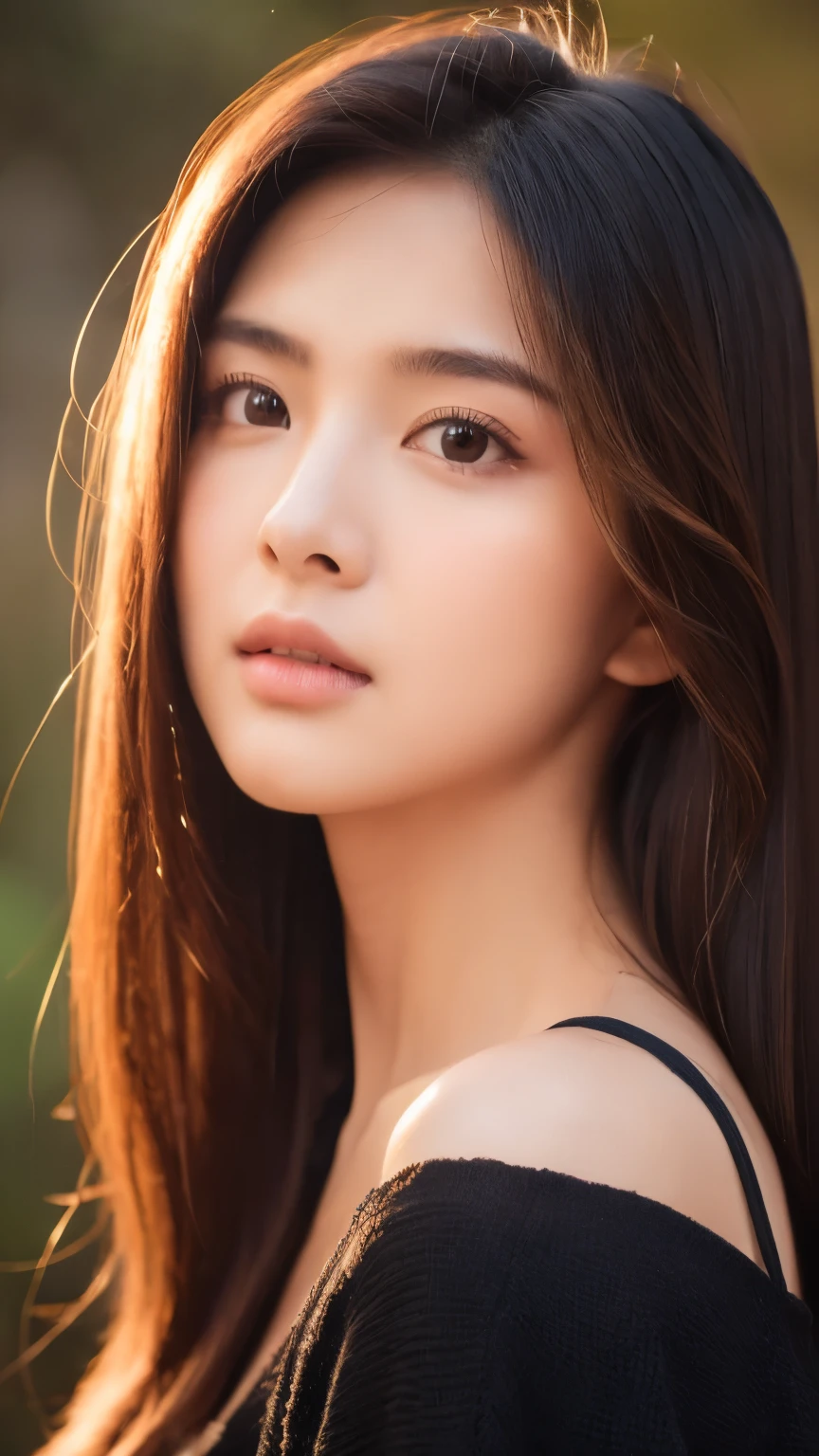 Beautiful young woman, Slender face, Beautiful grasping sharp eyes ., long hair, Model's face, Beautiful cosmetics, 18 years old, wear a light pink lace single-strap dress.., big chest, very big chest, White skin, in a pink and red flower field, very high detail, 8k, A cold light shone , image like, face focus, Standing on the grass, Show sexy pose , Flowers beside the ears