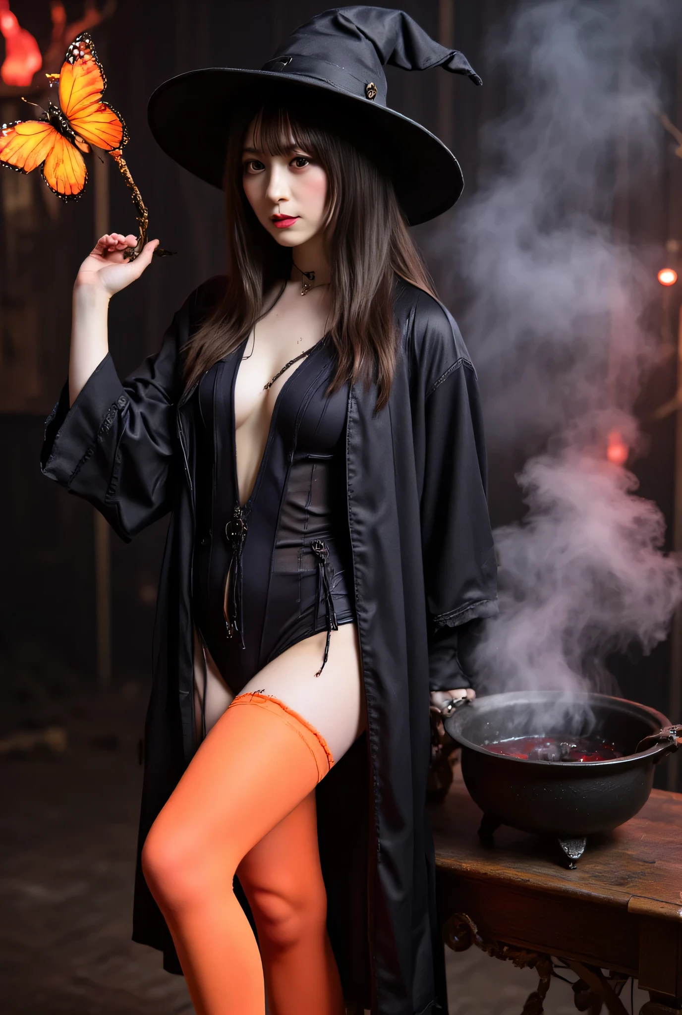 best quality, masterpiece, (realistic:1.2), 1 girl, (rim lighting:1.4), grin, 14 years old, head shot, upper body, baby face, ultra detailed face, light brown two braids hair with bangs, hourglass figure, oily skin, black witch hat, purple and black witch style bikiniwith cloak, (small breast:1.4), (pasties:1.1), her sweating a lot, (candle lights, dark background:1.5)