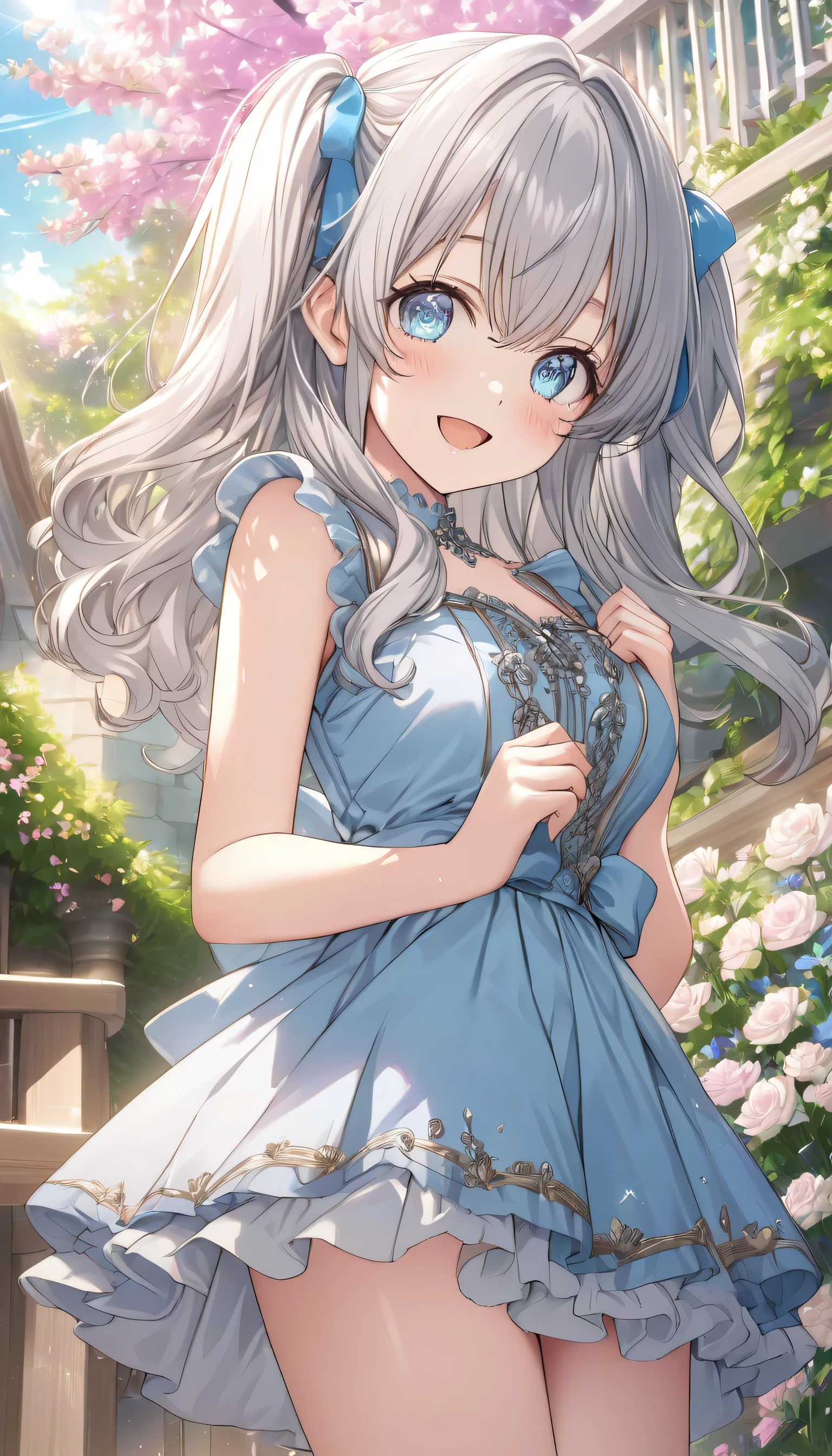 ((ultra-detailed)), (highly detailed CG illustration), (best quality:1.2), ultra-highly detailed, colorful composition, artistic photoshoot, 1girl, solo focus, ((upper body:1.4)), moe anime character, age girl, dainty facial structure, (baby face), (round face), ((rounded chin:1.2)), ((ideal ratio body proportions)), celia-default, celia claire, (blue eyes), sparkle eyes, silver hair color, two side up, ((hair ribbon with blue)), ((blue semi formal dress with gold decorations)), (happy), (joyful), (open mouth), ample breasts, best quality, masterpiece, best quality, masterpiece, standing by the victorian garden with flowers, beautiful detailed sky, sunshine pouring down, from front, expecting, pink cheek, blush, light pink gloss slip, portrait, depth of field, soft lighting, sidelighting, (shine), lighting, caustics, ray tracing, smile, perfect face, lustrous skin, highly detailed face, highly detailed eyes, perfect face, perfect nose, perfect hair, perfect eyes, perfect anatomy, beautiful hair, beautiful small face, extremely detailed face, beautiful detailed eyes, beautiful clavicle, beautiful body, beautiful huge breasts, leavage, breasts squeezed together, equalize the size of the left and right breasts, asts, beautiful thin thighs, beautiful legs, beautiful fingers, 4 fingers, 1 thumb, lovely, (very detailed background:1.0), (highly detailed background:1.0), spring aesthetic, intricate details, relaxed atmosphere, spring colors palette, chromatic aberration