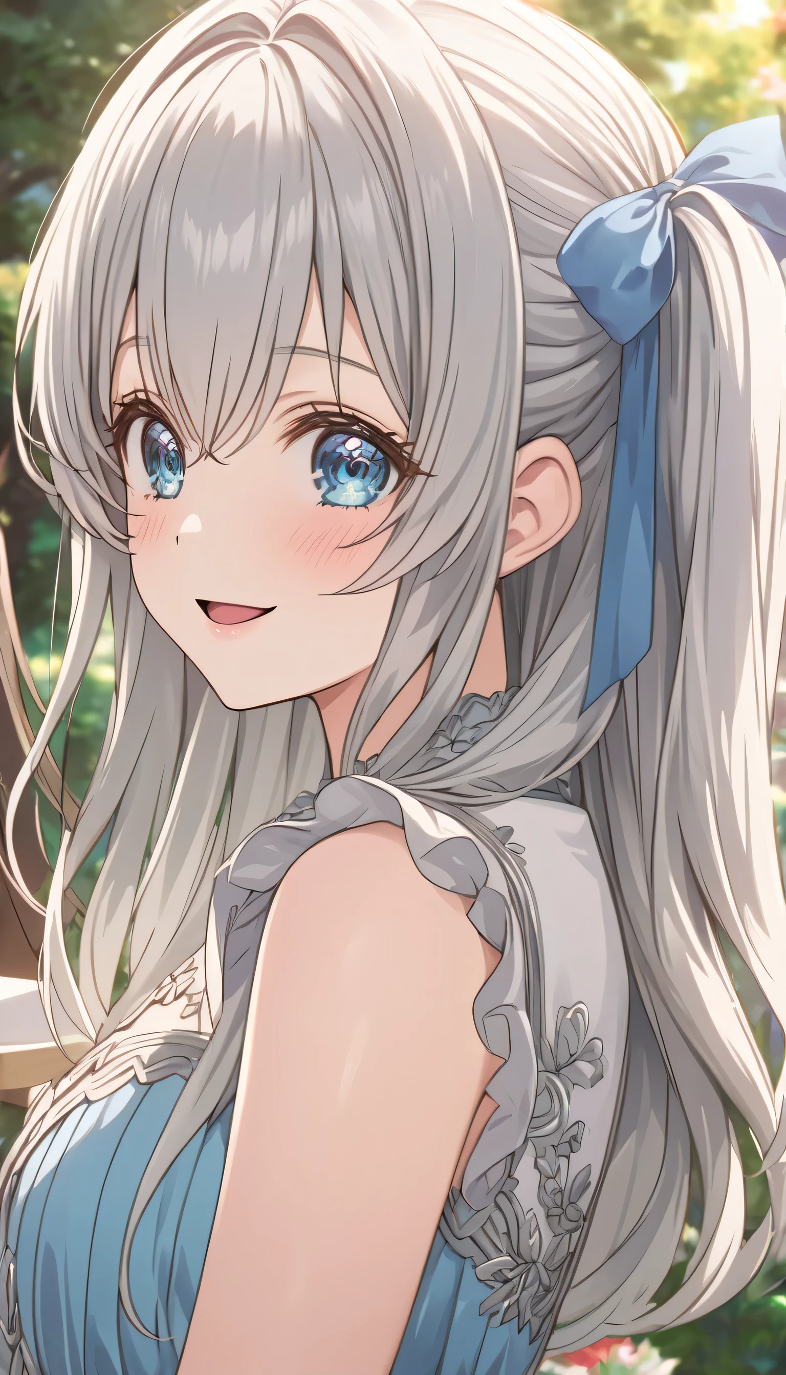 ((ultra-detailed)), (highly detailed CG illustration), (best quality:1.2), ultra-highly detailed, colorful composition, artistic photoshoot, 1girl, solo focus, ((upper body:1.4)), moe anime character, age girl, dainty facial structure, (baby face), (round face), ((rounded chin:1.2)), ((ideal ratio body proportions)), celia-default, celia claire, (blue eyes), sparkle eyes, silver hair color, two side up, ((hair ribbon with blue)), ((blue semi formal dress with gold decorations)), (happy), (joyful), (open mouth), ample breasts, best quality, masterpiece, best quality, masterpiece, standing by the victorian garden with flowers, beautiful detailed sky, sunshine pouring down, from front, expecting, pink cheek, blush, light pink gloss slip, portrait, depth of field, soft lighting, sidelighting, (shine), lighting, caustics, ray tracing, smile, perfect face, lustrous skin, highly detailed face, highly detailed eyes, perfect face, perfect nose, perfect hair, perfect eyes, perfect anatomy, beautiful hair, beautiful small face, extremely detailed face, beautiful detailed eyes, beautiful clavicle, beautiful body, beautiful huge breasts, leavage, breasts squeezed together, equalize the size of the left and right breasts, asts, beautiful thin thighs, beautiful legs, beautiful fingers, 4 fingers, 1 thumb, lovely, (very detailed background:1.0), (highly detailed background:1.0), spring aesthetic, intricate details, relaxed atmosphere, spring colors palette, chromatic aberration