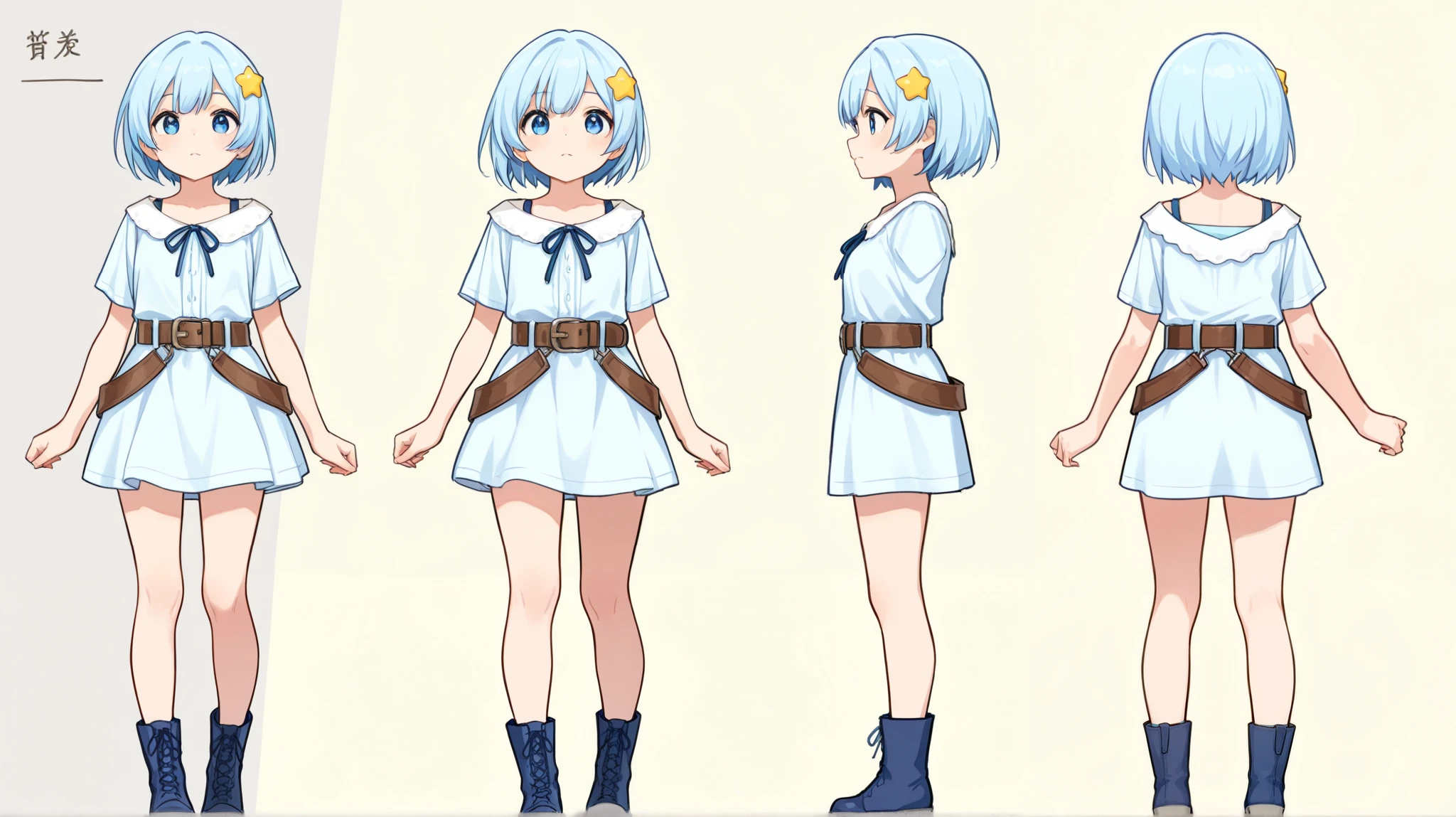 three view drawing, front and back and side, character sheet,full body,simple background,（A refreshing blue-haired girl, a water wizard, short hair, lively and energetic, very cute, one hair on top of the head, blue mini skirt, comfortable clothes, dark blue boots, laces, light blue clothes, 5.5 heads, a small yellow star hair accessory on the left side of the head, a brown belt, the best quality, make the eyes bigger, blue eye color, expressive,)