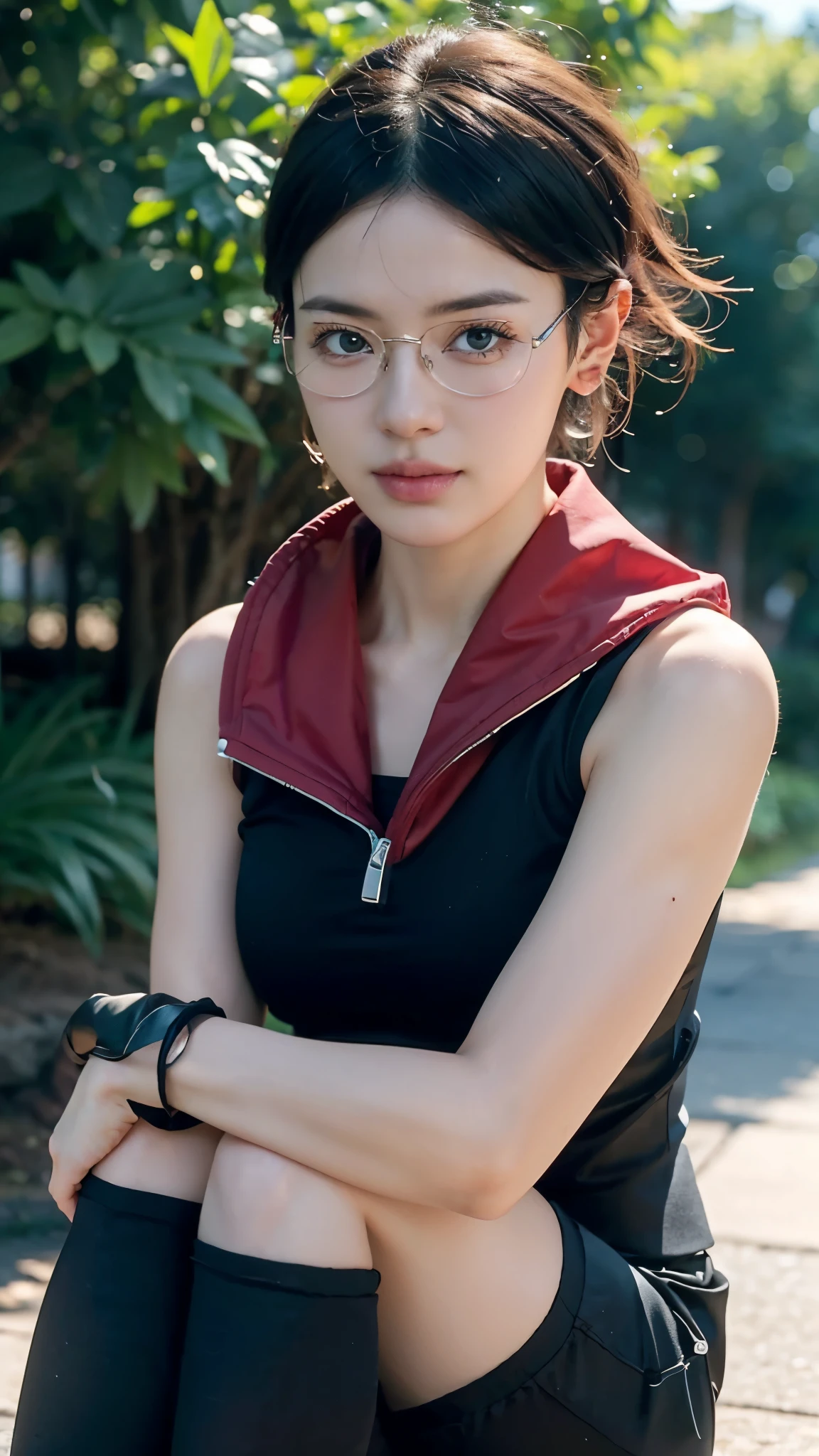 1 girl, create a character (uchiha sarada) with photo realistic, real life, features, wearing red glasses, red glasses accessories, short hair, bangs sweeping to the left, with a medium sized left sponge hairstyle, cute face, beautiful ager, glowing skin, deep red eye lenses, pink lips/lipstick, expression focused on the screen, with a sweet faint smile, half body, sexy body, large/medium breasts, photo size: 6-19, Tokyo Street, evening , cityscape, city lights, upper body, RAW photos , best quality, masterpiece, realistic, photo-realistic, plain yellow hoodie, half body, bangs, jet black puff, freestyle photos,( jaket punk in love ) sport riexsond
