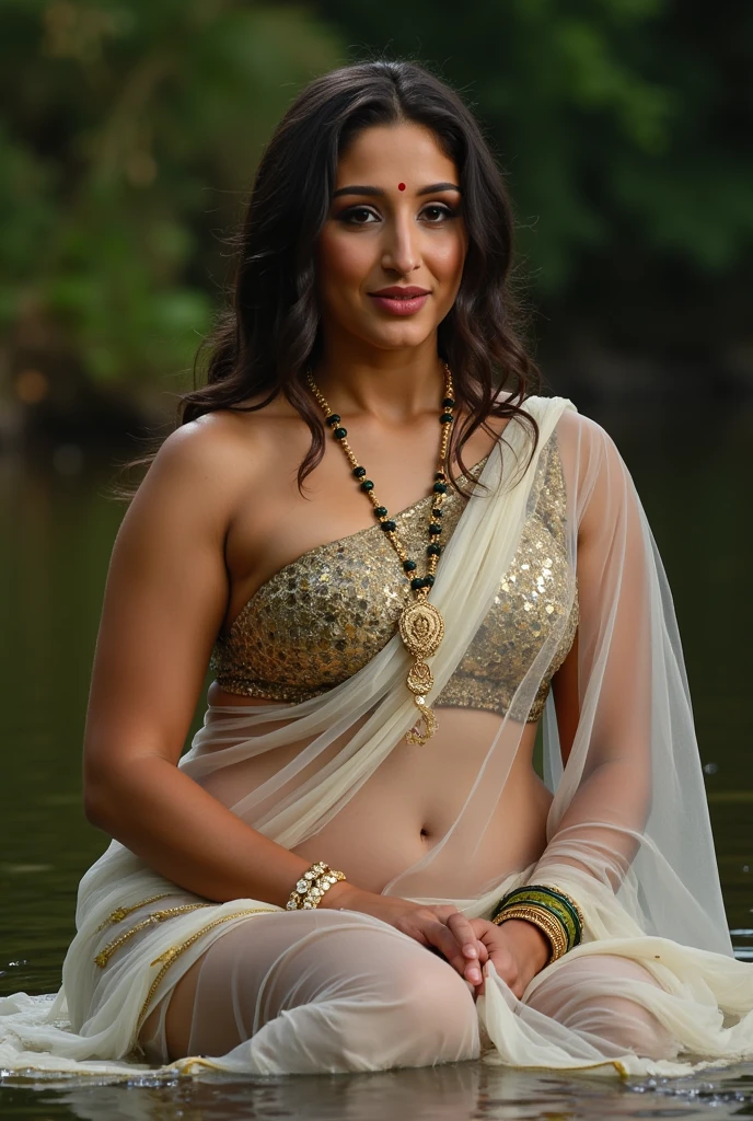 Foto RAW, photorealistic, photography, full body shot, master shot, perfect eyes, goddess like beauty, pierced eyes, perfect thick chubby mallu Desi aunty bhabhi, Wearing a Stanapatta, a chest-band.Saree model, model Photography, Indian saree shoot, Indian traditional wear advertising photography, traditional wear brand shoot, face of Indian actress Sonakshi Sinha, masterpiece, realistic, realism, incredible details,  pleasure, photorealism, detailed skin, skin pores, high contrast, photorealistic Artstation 8k HD digital art trend of high definition and detailed realistic skin texture, ultra detail, realistic skin texture, armature, best quality, ultra high definition, (photorealistic:1.4),, high resolution, detail, raw photo, sweat, Re sharp, by Lee Jefferies Nikon D850 Film Stock Photo 4 Kodak Portra 400 Camera F1.6 Lens Rich Color Ultra Real Realistic Realistic Textures Dramatic Lighting Unreal Engine Trending at Art Station Cinestill 800,(pele altamente detalhada: 1.2), 8k UHD, DSLR, soft-lighting, alta qualidade, grain of film, Fujifilm XT3,she didn't like to wear blouse or bra, she is happy to wear only saree, she hates blouse or bra, detailed hairy armpits, hyper realistic skin, skin pores, sweat, veins, 