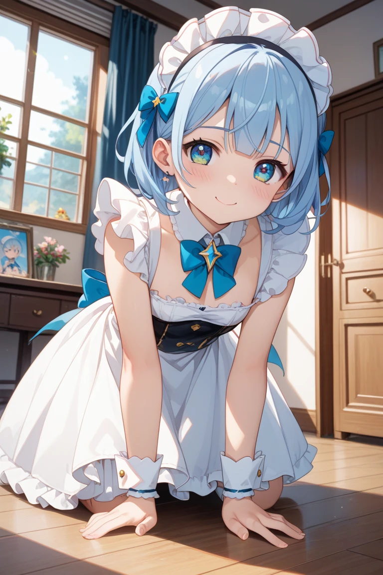 an anime girl is wearing a white dress and、blue hair and a short bob and white dress, Loli Dress, a cute anime wife in a nice dress, , Anime Moe Art Style, Maid服の女の子, Clear Outfit Designs , live2d バーチャルユーチューバーモデル, anime vtuber full body model , Magical Girl Style,Maid、get on all fours、frill socks、from below、 Embarrassing Look、masterpiece、Highest quality、uncorrected、The private parts are visible、