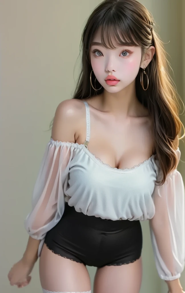 a beautiful 17yo Russian girl, seductive expression, look at viewer, off shoulder shirt ,high waist short skirt, photo, realistic, best quality, hires, detailed face, detailed background, diffused lighting, depth of field, bokeh,