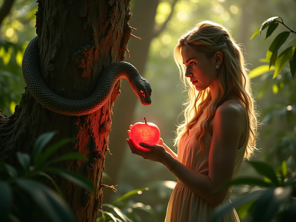 Eve refuses to eat the apple offered to her by the evil serpent