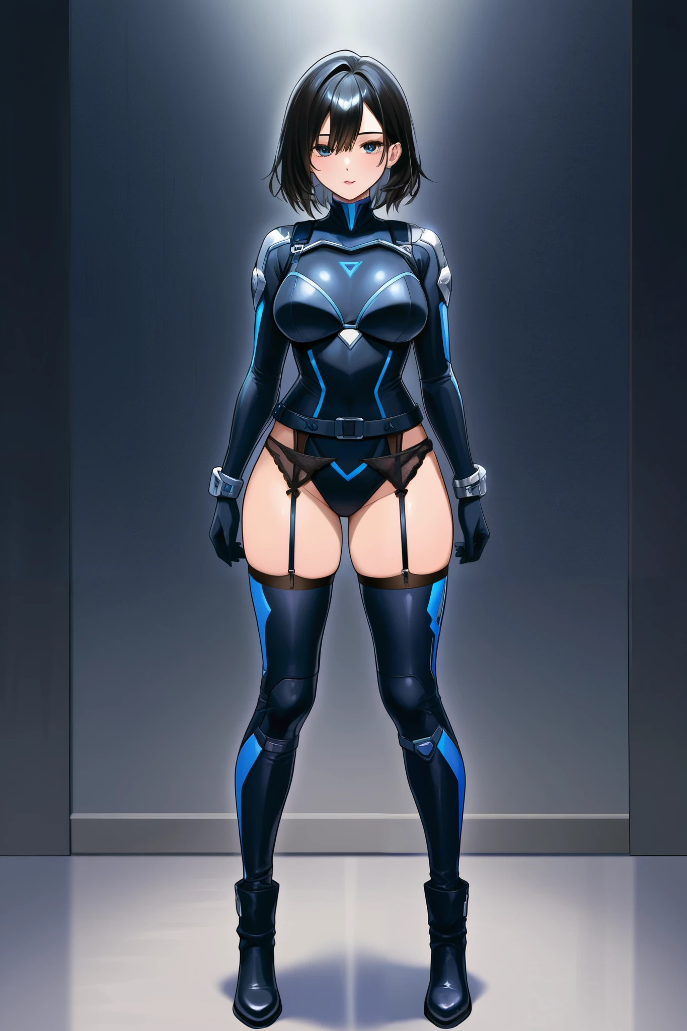 adult woman、 black hair、 long、White、rider suit、Hi-Reg、garter belt、cyber、 standing、front、 no highlights、looking at viewer、 beautiful feet、no expression、 dark、Villain、Blue Line、is tall、adults、aldult、boots、thighs、