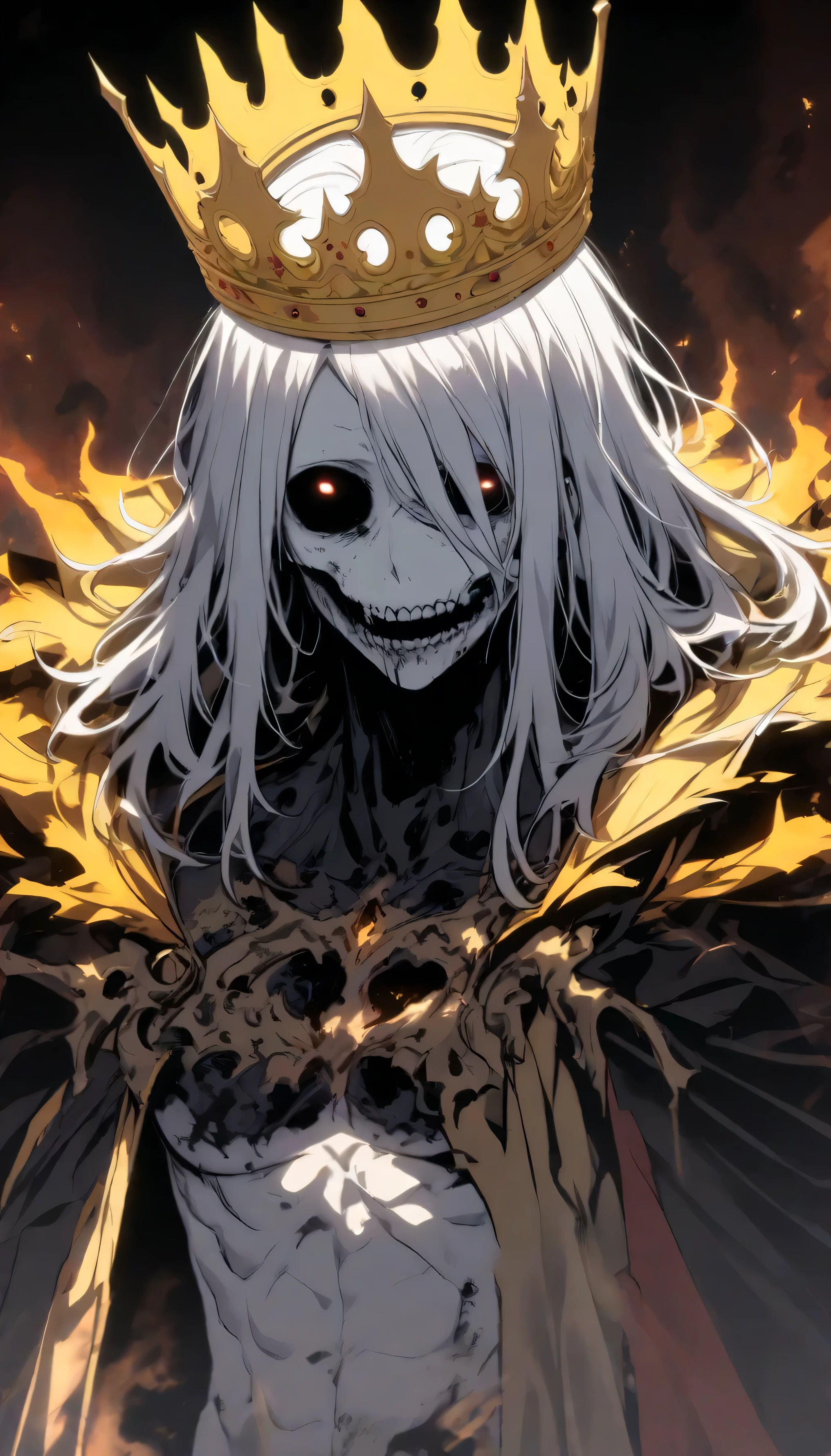Undead, Hungry, hollow cheek, alone, male, long hair, white hair, white skin, bare chested , hollow eyes, Sick body, royal cape, yellow black flame, upperbody, crown, upperbody