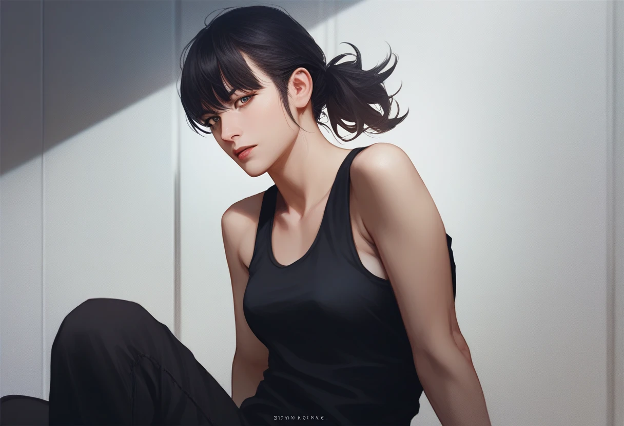 ( A woman, long black hair with bangs) clothing: black tank top shirt and black pants. In the scene she is shooting with a revolver. scene: apartment. Realistic, film