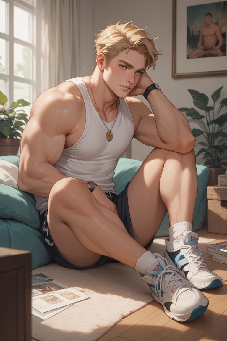 Physical Appearance:
- Age: 29 yea old
- Height: 5 feet 9 inches (175 cm)
- Build: slim and athletic, with a chiseled physique
- Hair: Grey mullet, possibly with a spiky or messy texture
- Eyes: Glowing grey irises, possibly with a piercing or intense gaze
- Body Hair: Possibly some chest hair or a light dusting of hair on his arms and legs, given his masculine build
Attire:
- Upper Body: Shirtless, showcasing his muscular torso and arm
- Lower Body: Wearing stylized white brief with defined outline
- Footwear: White Air Force sneaker
Setting:
- Location: Sitting in his bedroom, on a bed
- Background: The room might be decorated with personal items, such as posters, photos, or gaming consoles, giving insight into his interests and personality
Overall Aesthetic:
- The character exudes a sense of confidence and masculinity, with his muscular build and striking features
- The glowing grey irises add an otherworldly or intense aspect to his appearance
- The stylized briefs and Air Force sneakers suggest a fashion-conscious and modern style
He is very handsome