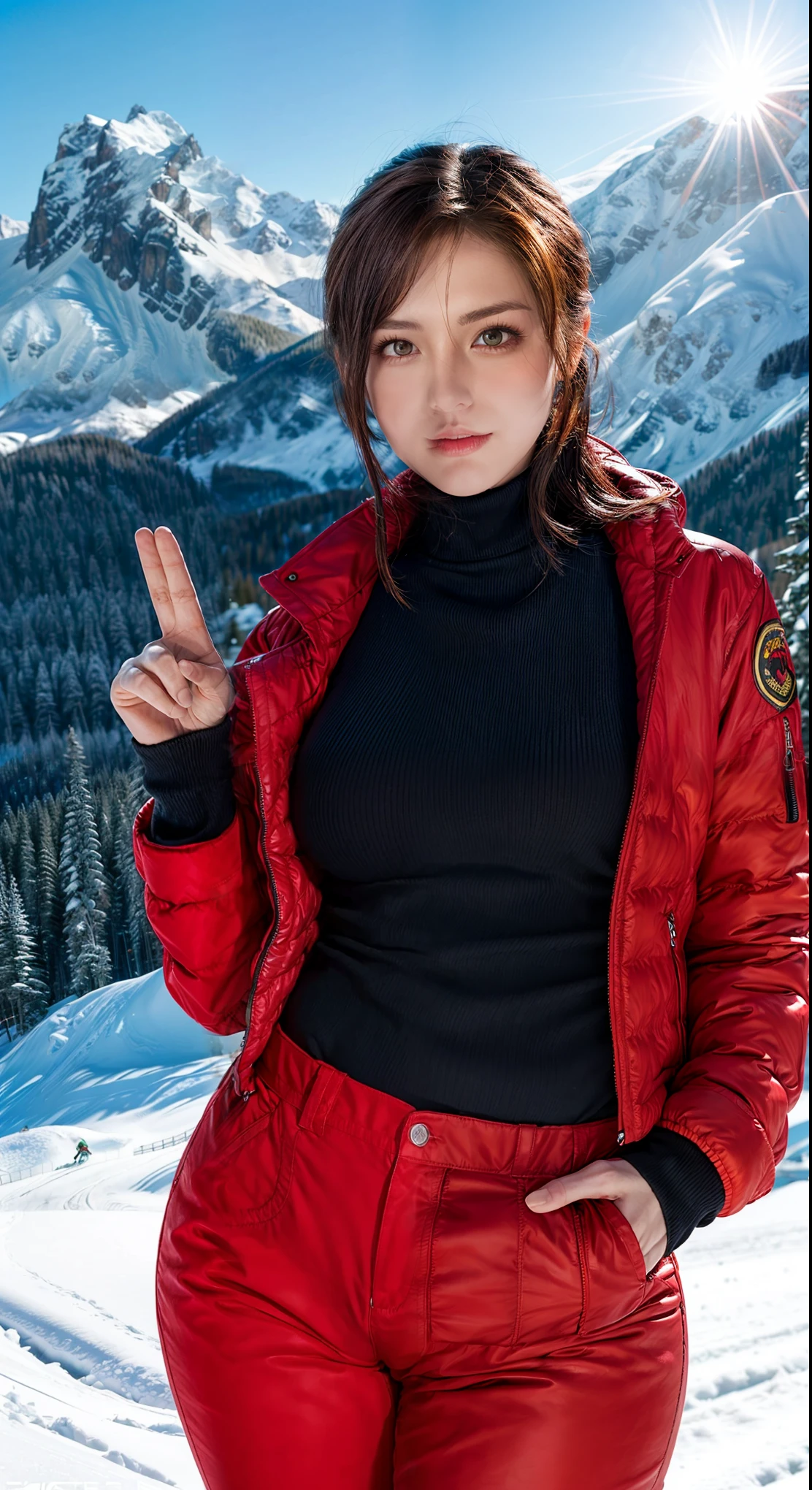   Claire Redfield from Resident Evil , Gesture seduces the audience , alone:1, throw, Beautiful thick hips , Realistic hand, standing
Sunlight ski resort background,  Brown hair in , 3/4 characters,  winter jacket with shoulder buttons 