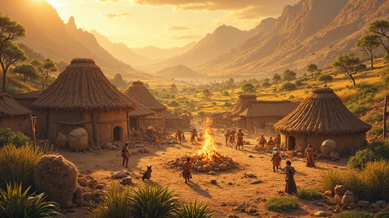 A prehistoric landscape with caves, dense vegetation and a group of hominids around a fire-lit camp.