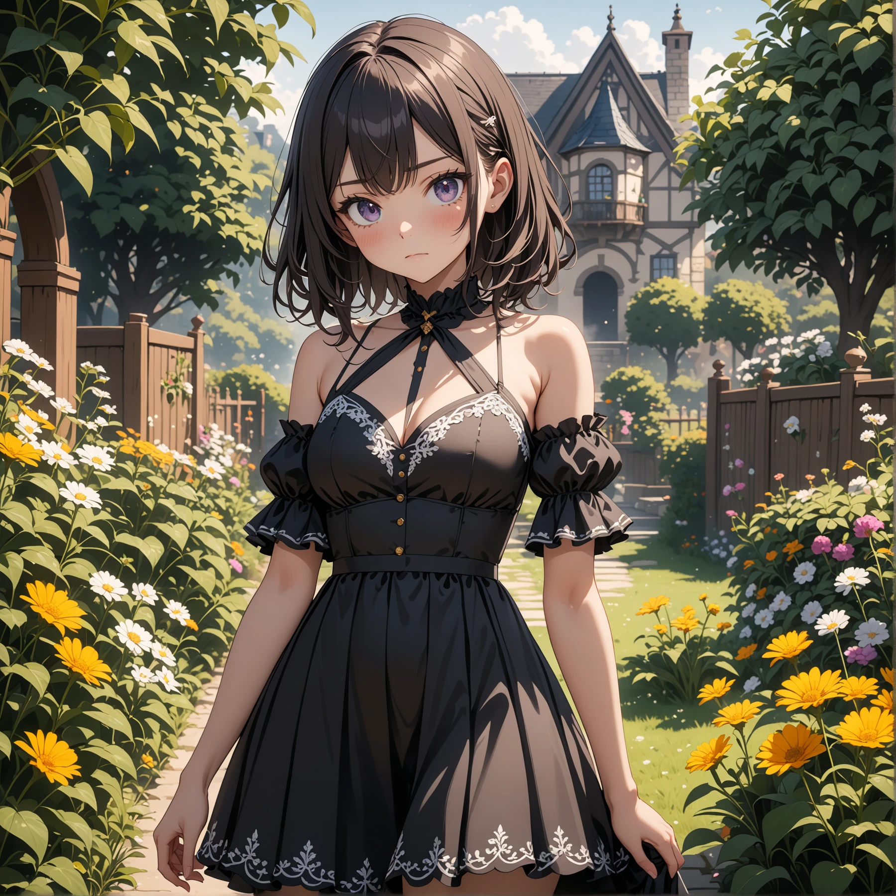 masterpiece, best quality, 8k, 4k, 1girl, aerith gainsborough, brown hair, high middle bang, longer side curly bang, long tight curly ponytail, green eyes, black hair ribbon, black tie choker, sexy black strapless corset, black sexy miniskirt, black platform high heels sandals, bangles, walking in a garden, flowers, detailed background,, inspired by Asukaziye artist : ask, art style : ask