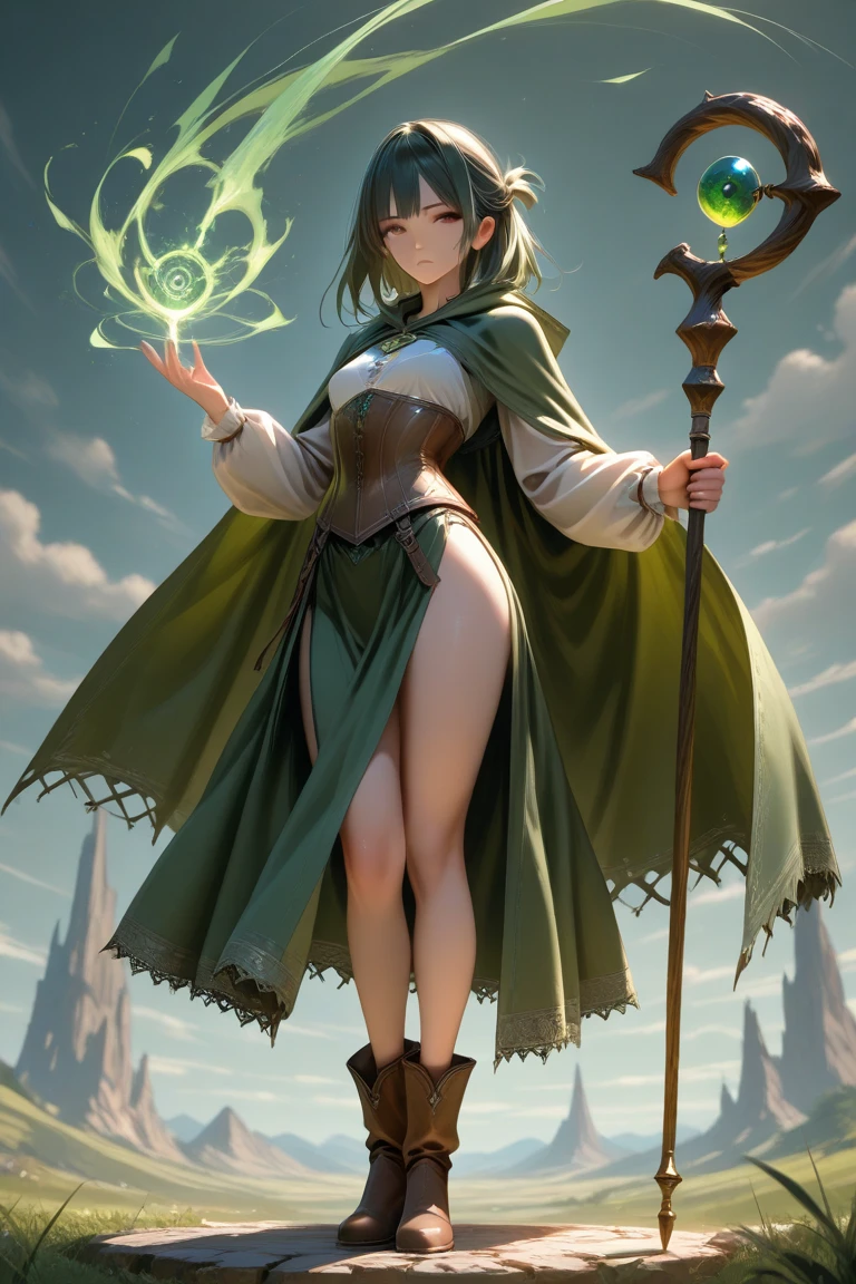 score_9, score_8_up, score_7_up, upscale 2x,(A cinematic shot of a beautiful witch with brown stylish hair, green glowing eyes, sitting on the ground with her knees up, reading a magical green glowing book, green magical fire around her, wearing a white  with green and gold details, wearing white thigh high socks with golden details, forest and nature around her in background:1.2), hkmagic