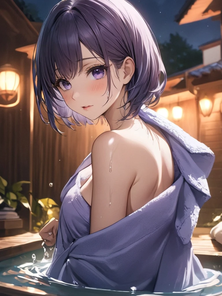 kochou shinobu, ((Top view, Wet Hair)), (((Wet Hair))),towelで髪を乾かす, ((Raise your hands)), (((shy), Standing)), (towel), (((locker room, evening))), ((((髪をtowelで乾かす, Put your hands up, side)))), ((shy, Sweat)) , whole body, boost mood, Ultra-realistic 8K CG，masterpiece,, （（Highly detailed background，Delicate pattern，Intricate details, Fine and beautiful eyes）），The best quality in the best condition，とてもとてもとても詳細なface， Highly detailed eyesとface，Highly detailed eyes，kochou shinobu，Multicolored Hair，No bangs，Hair Intake，, Purple eyes，，butterfly，band，（熱band庭園：1.2），Purple Flower，mostly cloudy null，Tyndall effect，slope_null，face，beautiful null，，Seductive posture，（Cleavage:1.3)， woman,15 years old