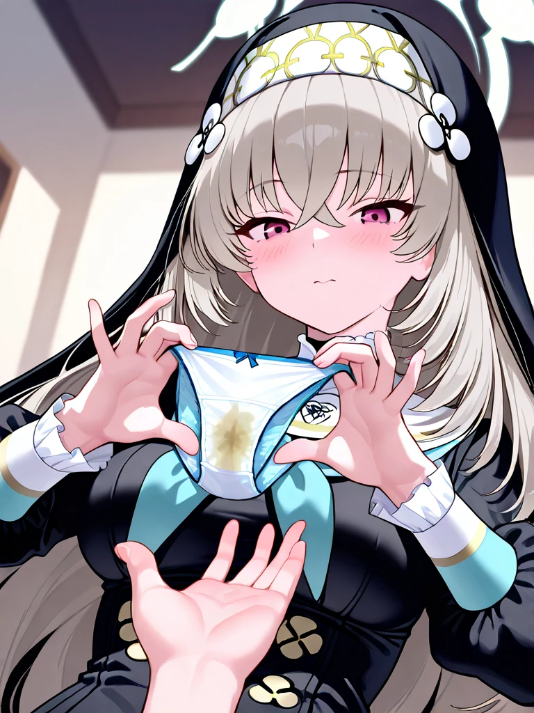 1girl, solo, horns, white hair, long hair, messy hair, twintails, heart shaped pupils, cum on face, facial, moving hand, cum on upper body, cum on hand, cum dripping from mouth, gloves, feallatio gesture, open mouth, tounge out, 