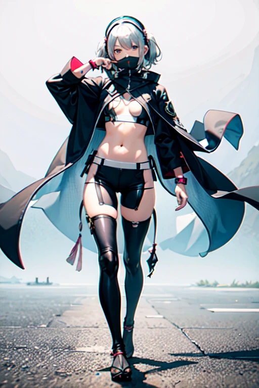 Black short-haired girl with doll head and flat chest,Japanese ninja costume,Hand guard,thong,Bare Legs,iron boots,Standing,Japanese castle roof
