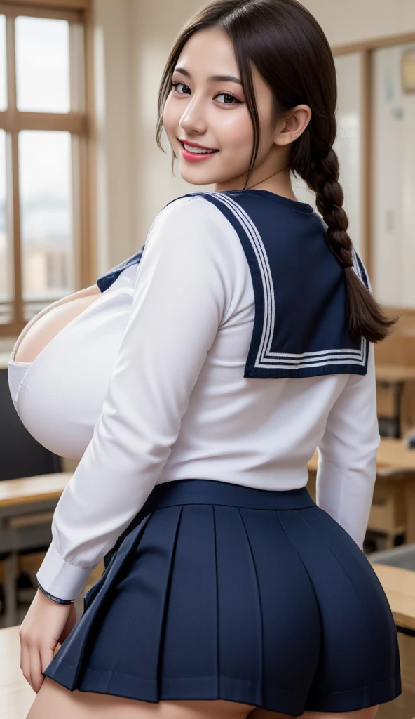 (8k, highest quality, table top:1.4), (intricate details:1.3), (realistic), (super detailed), 1 girl, alone, （married woman、40 generations）、Beautiful woman、mature woman, (sensual smile:1.35), Front view, (leaning forward:1.2), showing cleavage, looking at the viewer, Nankoku Resort, fine long hair, (fluffy long black hair), fine eyes,, hourglass body shape, (Sensual curvaceous body:1.1), (huge breasts), thick thighs, wide hips, small waist、( uniform)，(sexy sailor suit )，(pleated mini skirt)、realistic lighting, natural soft light, dynamic lighting
