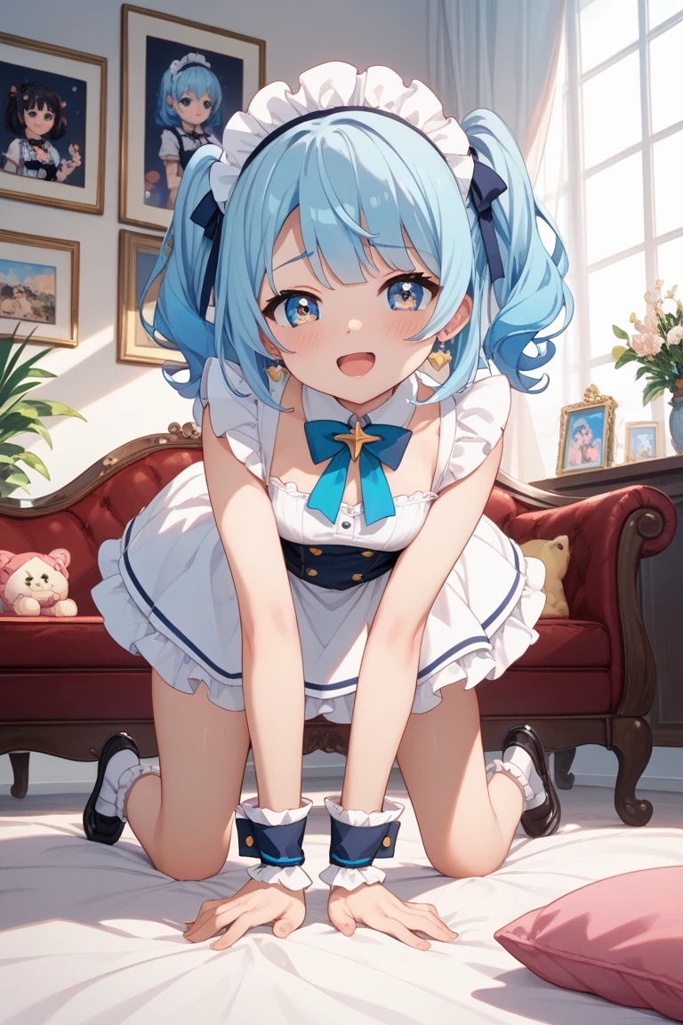 an anime girl is wearing a white dress and、She has blue hair and is wearing a short bob and a white dress, Loli Dress, a cute anime wife in a nice dress, , Anime Moe Art Style, Maid服の女の子, Clear Outfit Designs , live2d バーチャルユーチューバーモデル, anime vtuber full body model , Magical Girl Style,Maid、get on all fours、frill socks、 Embarrassing Look、masterpiece、Highest quality、uncorrected、Part of it can be seen from behind、