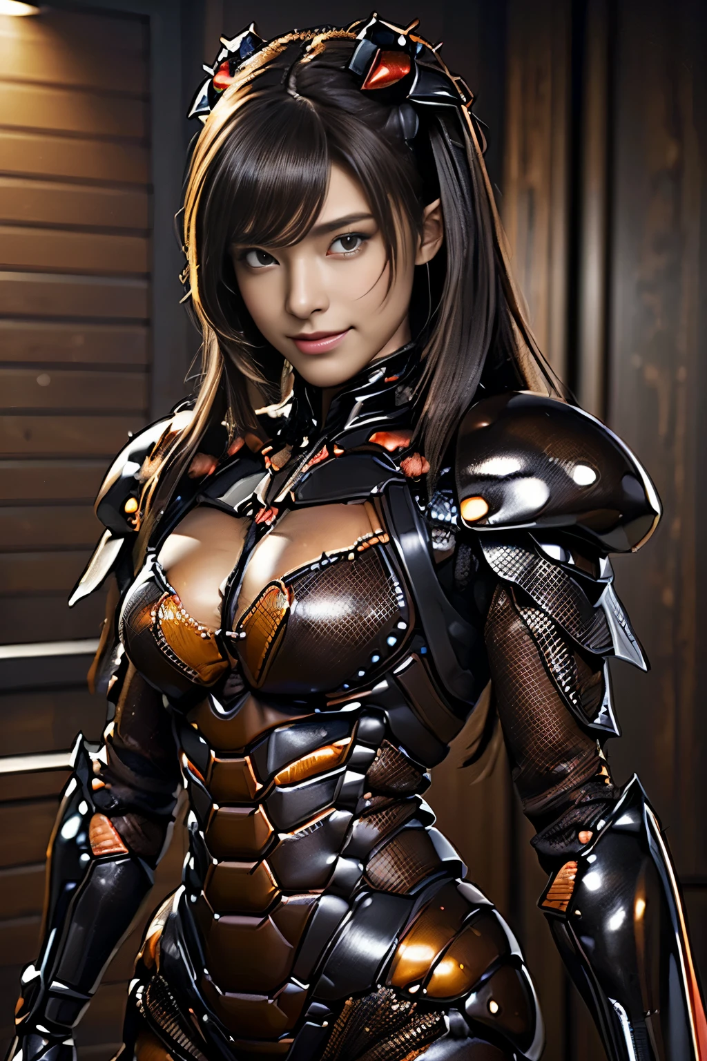 (high resolution,masterpiece,best quality,extremely detailed CG, anime, official art:1.4), realistic, photo, amazing fine details, all intricate, gloss and shiny,awesome many layers, 8k wall paper, 3d, sketch, kawaii, illustration,( solo:1.4), perfect female proportion,villainess, (fusion of dark brown cockroach and lady:1.4), (brown cockroach form lady:1.2), (brown cockroach lady:1.2), (fusion:1.2), (solo:1.4), (evil smile:1.2), muscular, abs, (cockroach brown exoskeleton bio insect suit:1.4), (cockroach brown exoskeleton bio insect armor:1.2), (brown transparency cockroach wing:1.4), (brown cockroach antennae:1.3),