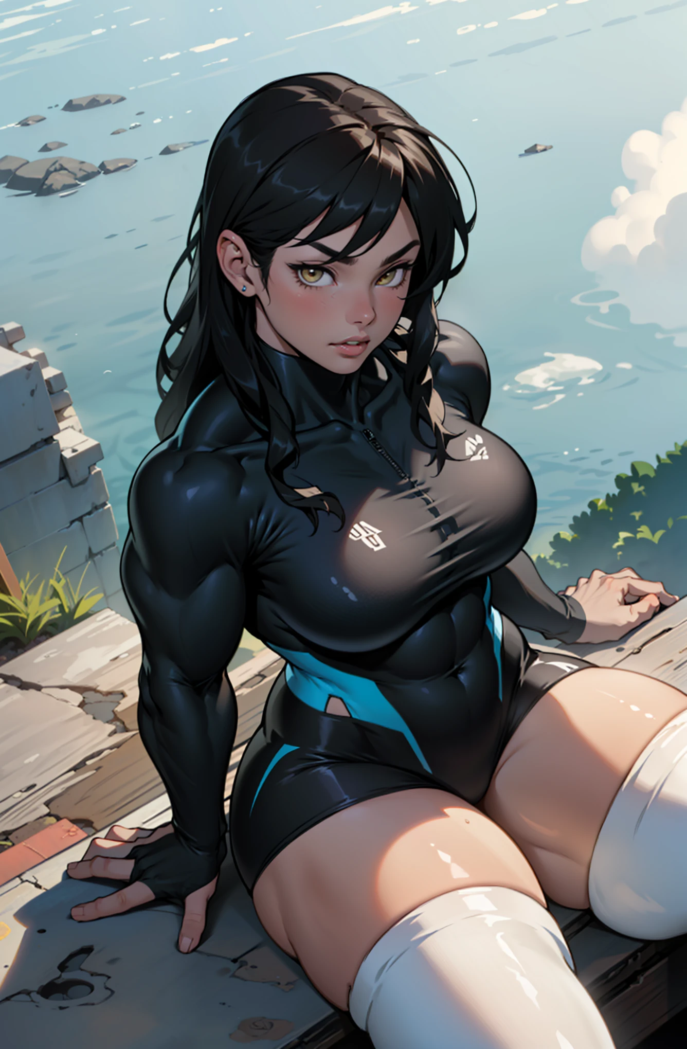 ((1 girl, wide hips, thick thighs, curvy, huge tits)), solo, ((((muscular)))), black hair, yellow eyes, angry, pale sin, cowboy shot, swimsuit, water, very long hair