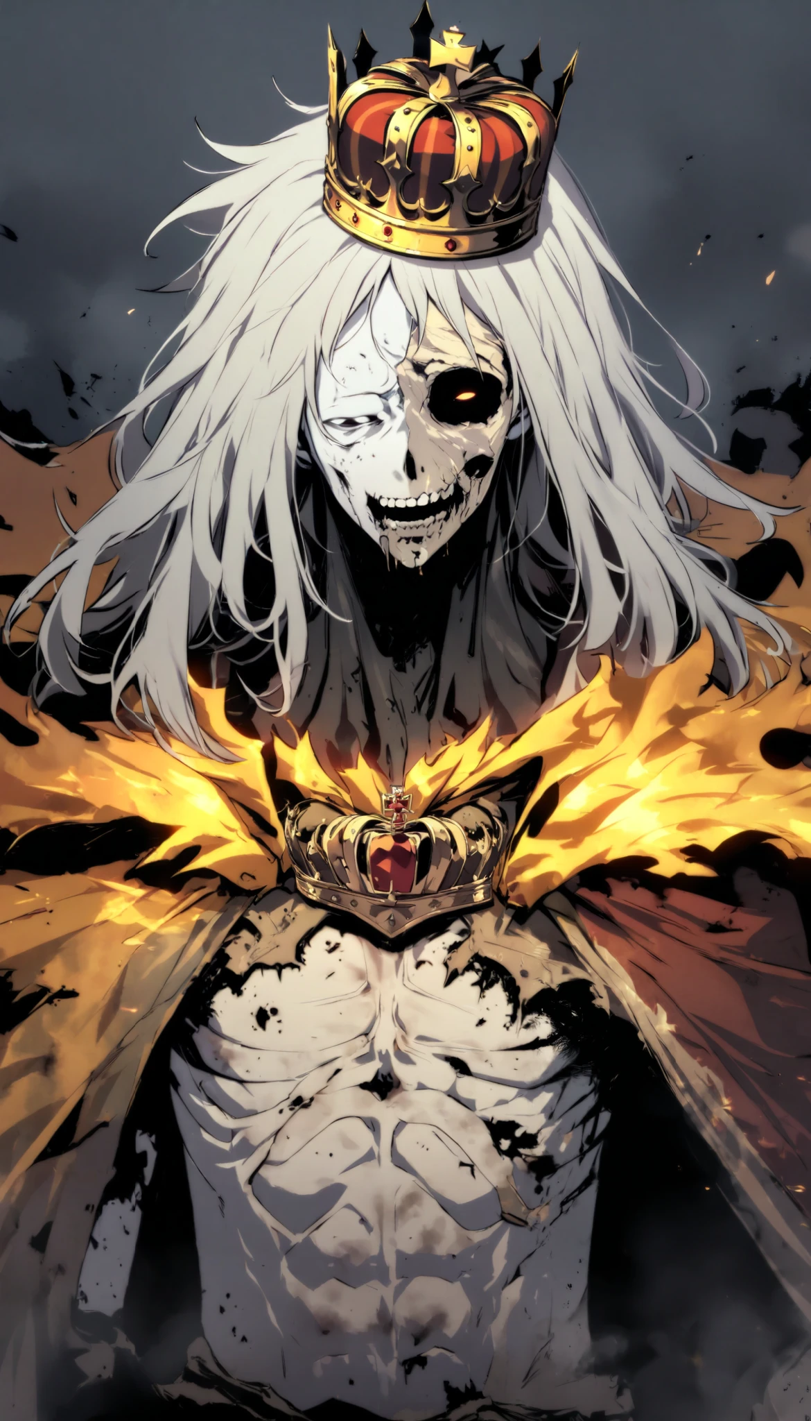 Undead, very old, Hungry, hollow cheek, alone, male, long hair, white hair, white skin, bare chested , Nose torn off , hollow eyes, Sick body, royal cape, yellow black flame, upperbody, old crown, upperbody, hollow