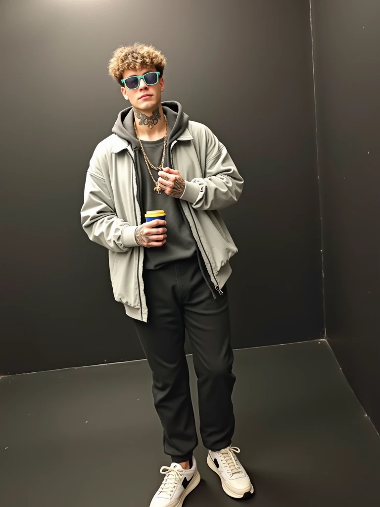 Kpop teen young age boy with fade cut blue hair with with frosted white tips, cute face, irresistible, sit pose, poser, serious face, full half body show, tattoos, wears cool black mixed blue ang green open jacket with long big sized shirt, long black pants with belt, paint background, , lighting, newspaper wall,newspaper wall