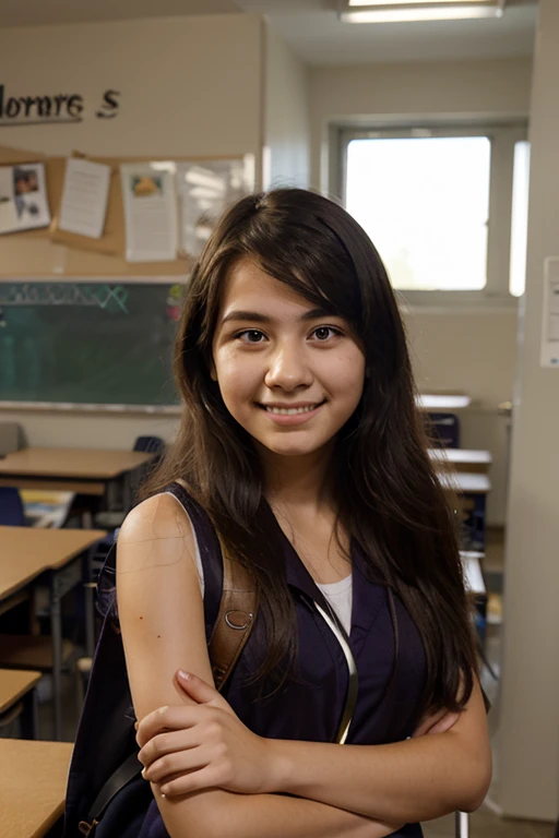 Short latin girl high school student in  sitting in her realistic classroom 