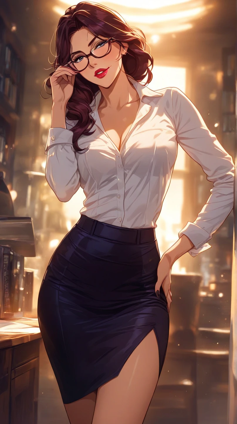 large breasts, cleavage, slim waist, vivid hair, pencil skirt, blouse, light rays, god rays, muscular, realistic, breasts