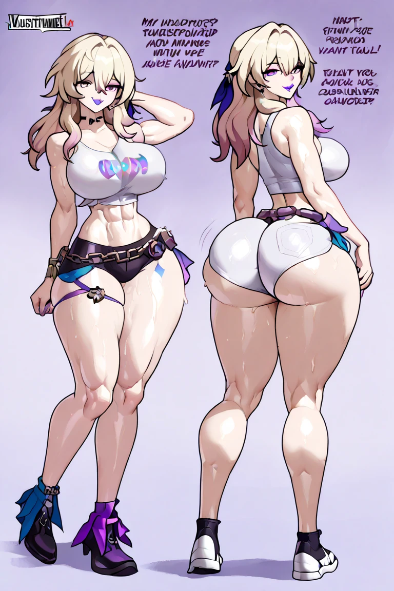 older woman , in their 30s, with long purple hair and tall, curvy body seen from behind, standing backwards, breas Breasts huge of art, best qualityer:1.2) close to a two meter tall man from altuea nudeked, long penisg penis, massick, massives, big and longis, stare
