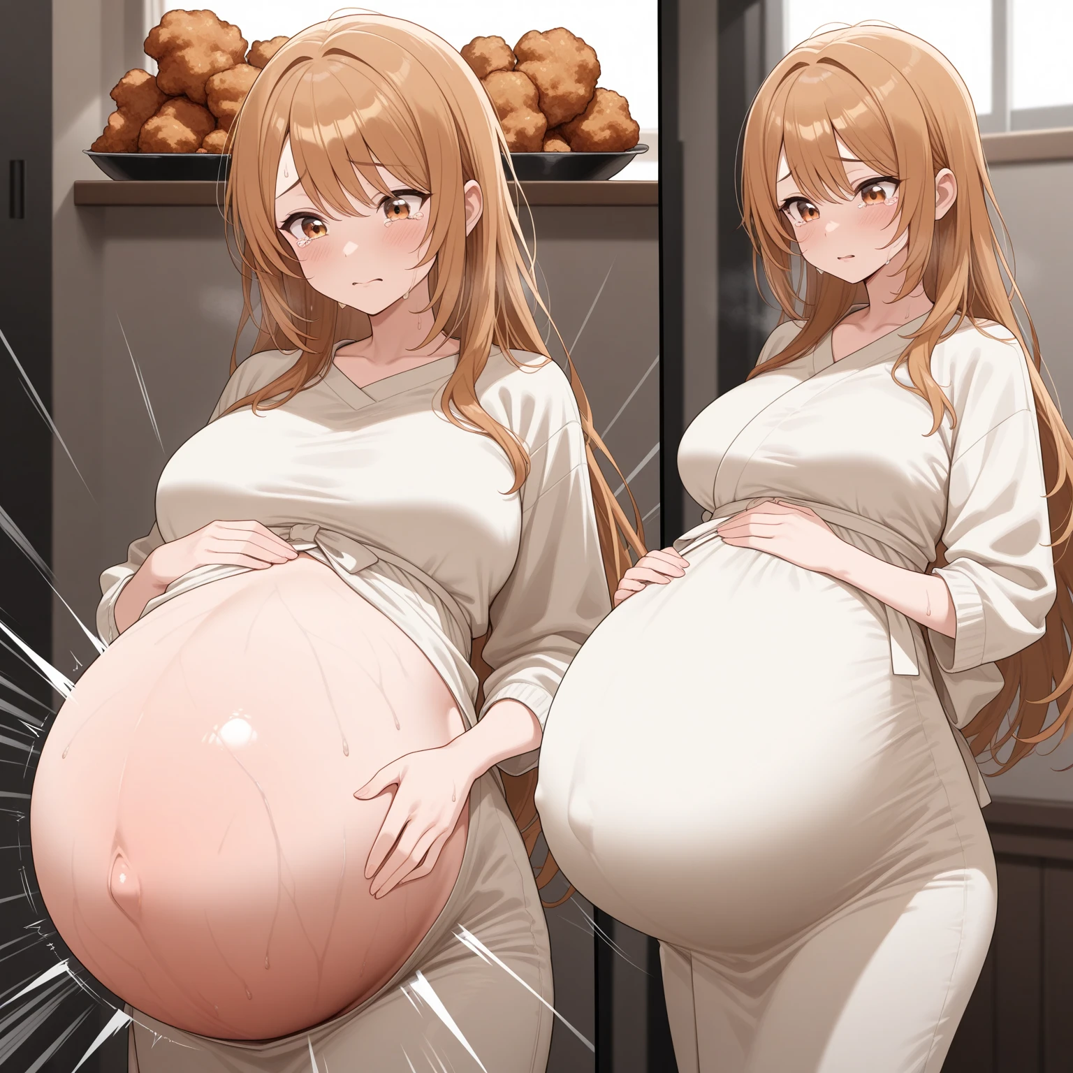 (masterpiece, Highest quality, great quality, multiple angles, very aesthetic, 4K, ultra high definition), girl, Petite, Weight loss, (Pregnant Woman with a Super Huge Stomach at Explosive Speed:1.50),  deep-fried chicken ！ deep-fried chicken ！！ deep-fried chicken ！！！, Veins stick out in the stomach, sweat, tears, A life crisis is imminent,  bright hues, (Detailed surface lighting , detailed textured lighting)