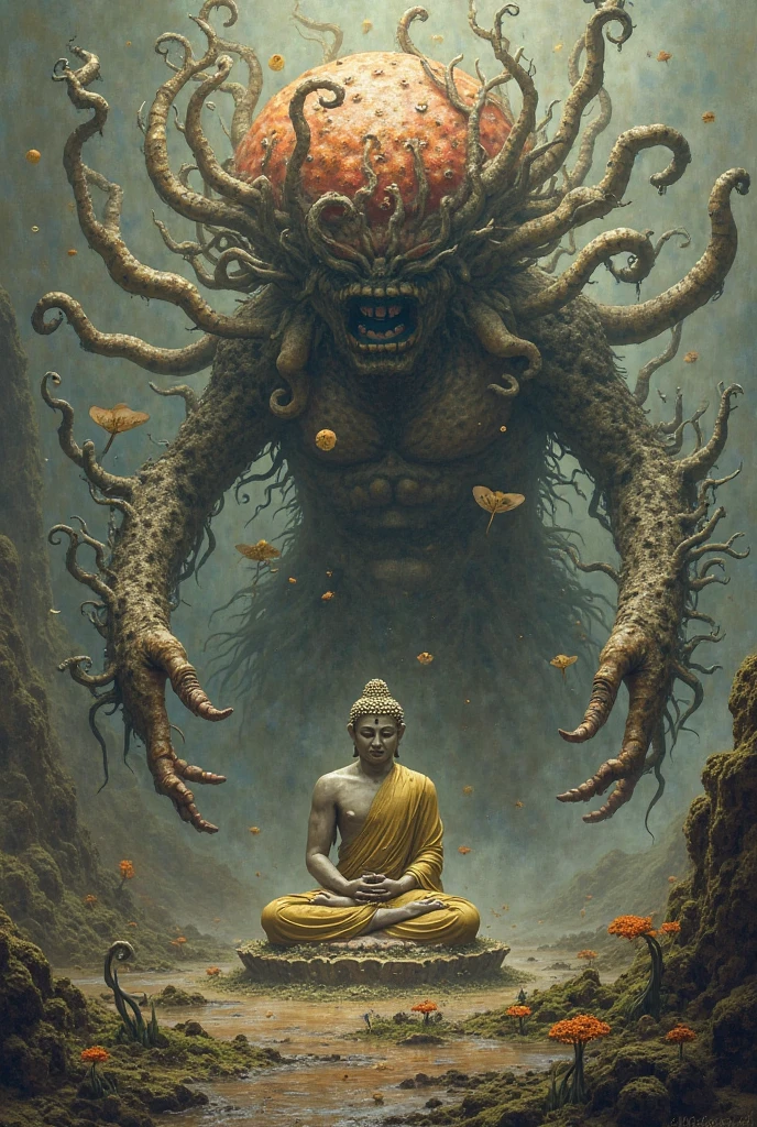(((Masterpiece))),(((Best quality))),(((Amazing detail))),((illustration)),((A high resolution)),((8K)),Buddha,Buddha nimbus,Buddhist backlight,eyes closed,Biotechnology,made by flesh,meat,blood tears,many eyes on the body,horror,insane,twisted,creepy,many hands behind,tentacles,huge,full body,chiaroscuro,pov,from below,dark fantasy,Black atmosphere,overcast,realistic,Photorealistic painting art,Rich texture,blood lens,depth of field