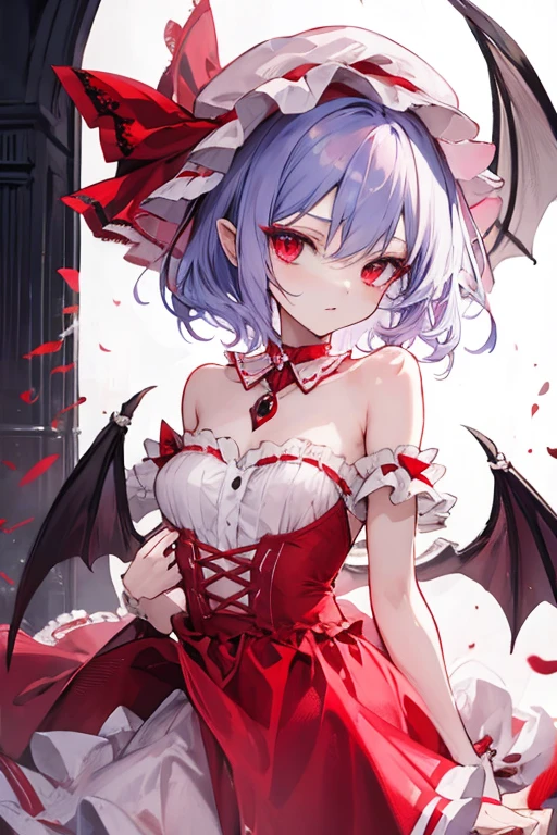 (solo Remilia toho character standing on the deck of mansion:1.3), (solo:1.2), skinny, a full moon, midnight, BREAK, short hair, collarbone, (emphasize small very perky breasts:1.3), (emphasize cleavage:1.2), (inconceivably thin narrow waist:1.3), (very short thin torso:1.2), very long (thin legs), emphasize thigh gap, (arms behind back), BREAK, (very short sheer white dress squeeze breasts:1.2), (dress lift breasts up:1.2), (inconceivably wiry narrow brown corset cinches waist too tight:1.5), (frilled too short white miniskirt), (light blue thighhighs), BREAK, nose blush