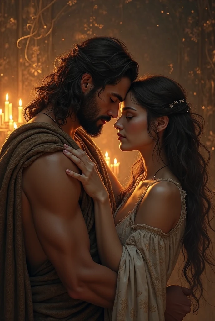 A detailed painting in classical style shows a dark-haired princess of stunning beauty, with long curly hair that falls softly over her shoulders and back. Your skin is luminous and your eyes shine with intensity. She is hugging a strong man, with golden hair that shines in the soft light of the room. The two look at each other with a look full of desire and passion., their faces close, ALMOST RINGING.
The scene takes place in the princess's room, in a medieval castle. The room is richly decorated, with elaborate tapestries on the walls, lit candles that emanate a warm, soft light, and furniture carved in dark wood. The four-poster bed is in the background, covered with luxurious fabrics. The atmosphere is imbued with sensuality, with a play of light and shadows that highlights the physical and emotional closeness between the couple, accentuating the burning desire that permeates the scene.