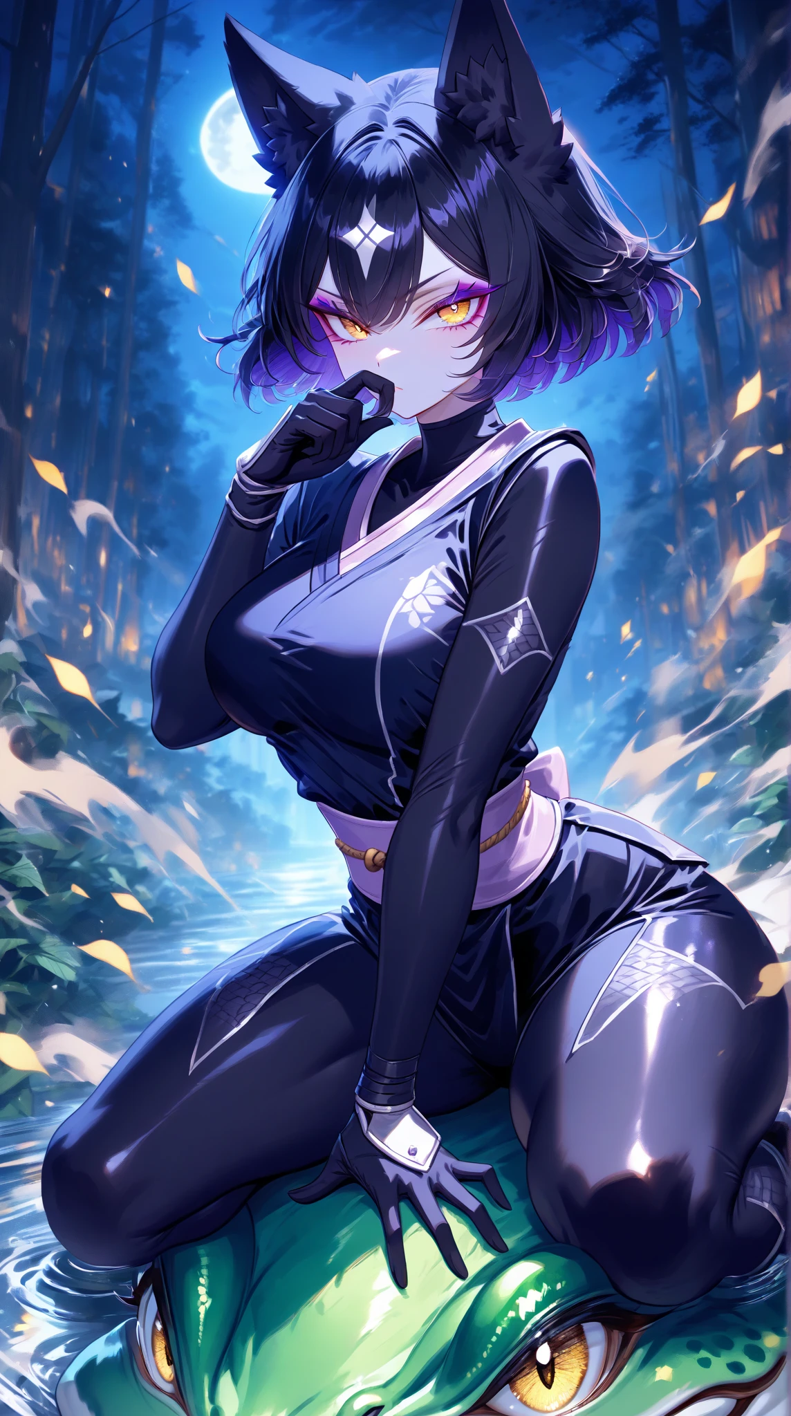 Ravens, 20 years old, purple strapless turtleneck bodysuit, exposed thighs, superhero woman, long gloves, gold headband, sexy pose, purple hair with bob cut, curvy athletic body, light eyes, look for camera, tender facial expression, face photo, romanticism, sandy desert, stones, night sky, moonlight, rays of light, sensual
