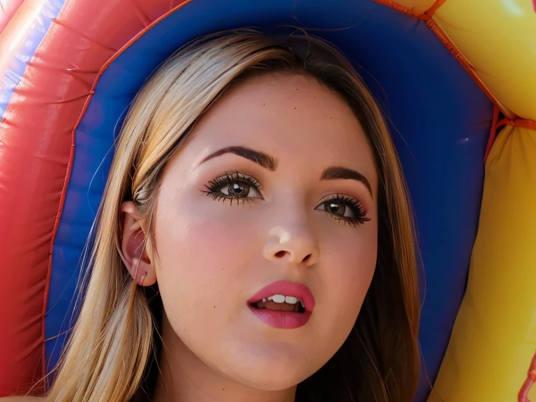 (best quality, masterpiece, perfect face),Photo of Chantarosa ,1 girl,long blond hair, from the front, focus on the foot,( official art, extreme detail, more detailed,Chanta Rose trapped in a bouncy castle completely naked and swallowed by inflatable )