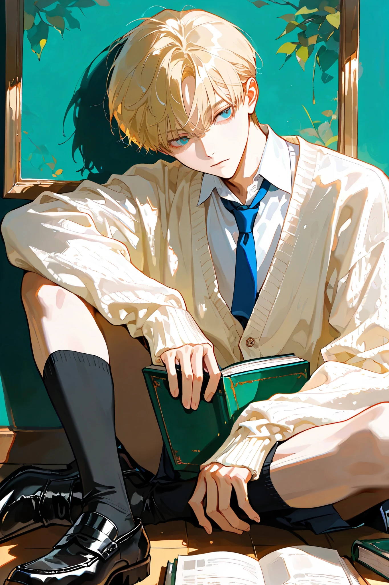 Blonde Hair , short hair, Blue Green Eyes,(School uniforms, Light Cardigan Sweater, Blue Tie , White Shirt, collared shirt, Long Sleeve, black socks,Leather shoes, black shoes ),1 Boy ,Solo painting,Book,Handsome, 18 years old ,Bangs,Smooth Hair