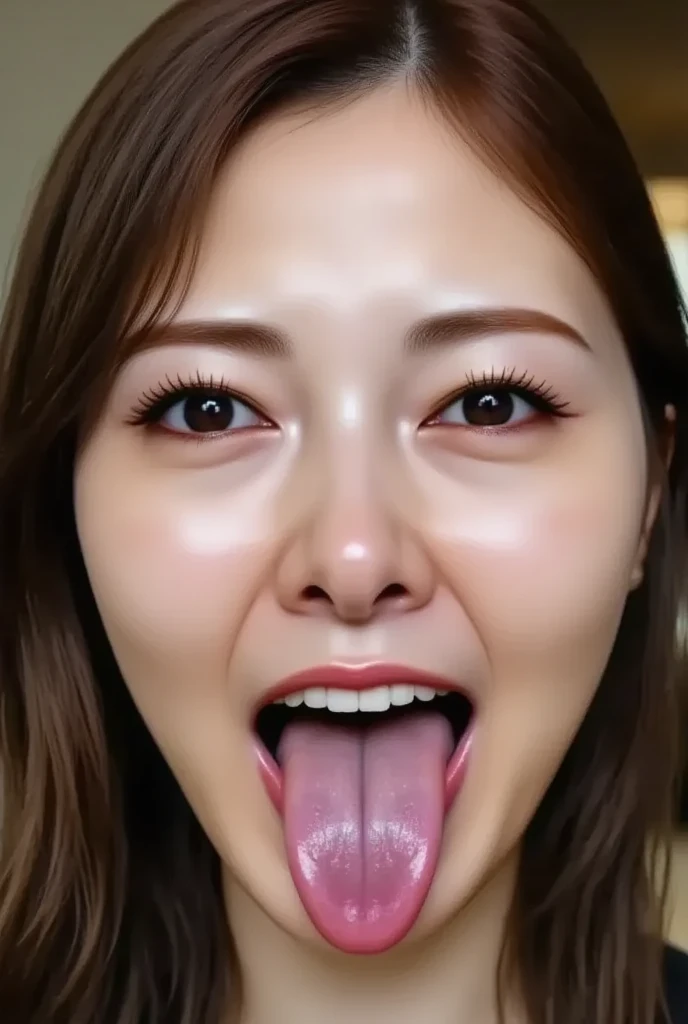 Korean,,,woman,Show only the face,Eyes wide open, a scary smile,Open your mouth and eyes wide,stick your long tongue out of your mouth,Brown tongue