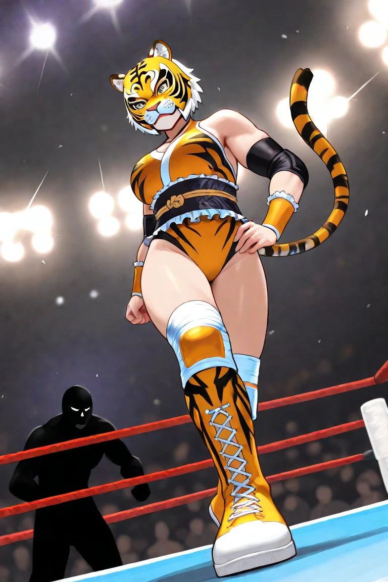 ((WHITE BACKGROUND)) full body standing straight symmetrical looking to the camera woman with bikini (yellow tiger bikini) tiger paws, choker on neck, shackles on legs and arms, tiger face