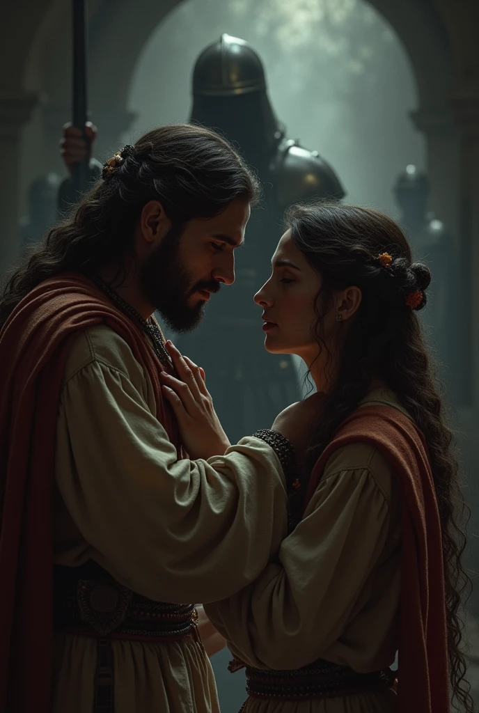 A tense scene where Potiphar&#39;s wife tries to seduce Joseph. The atmosphere is dark and dramatic., with shadows that accentuate the difficulty of José&#39;s choice. dark and contrasting colors.