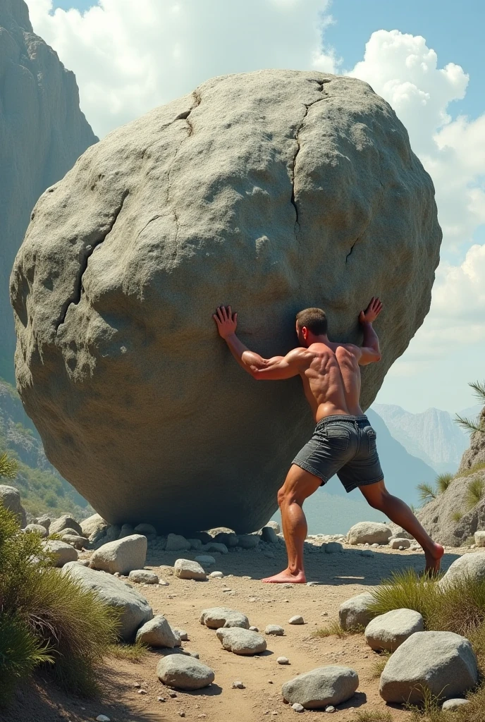 very dark focused flash photo of a (muscular:0.2) man pushing a round boulder uphill on a rocky mountain path at night in the dark, very detailed<lora:sdxl_darkflash_v4-000021:1.0>