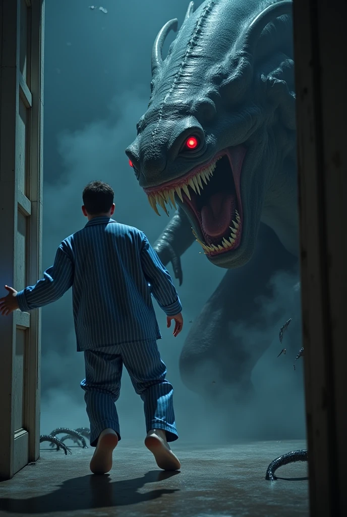 A child is playing with a creepy mystical creature in his room and the mother looks from the door and is shocked
