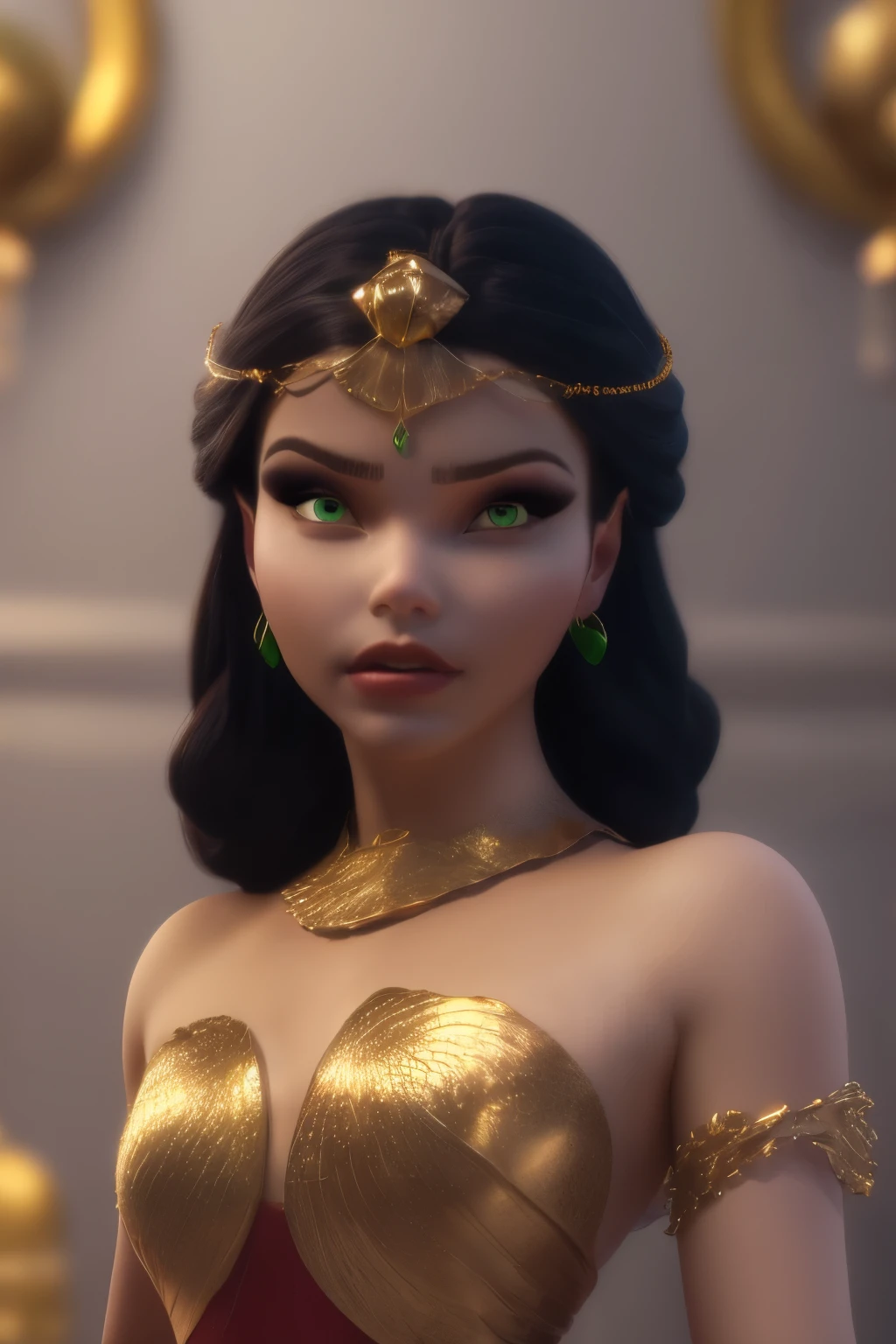 hyper realistic portrait shot of a beautiful egyptian queen, looking down proudly on the camera with her expressive green eyes, tanned skin tone , thin nose , black braided bob hair with golden accessories and jewelries , wearing a white see tough dress