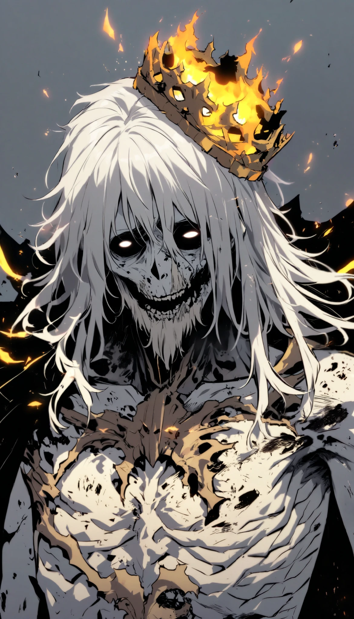 Undead, very old, Hungry, hollow cheek, ribcage, extremly skinny, alone, male, long hair, white hair, white beard, white skin, bare chested , Nose torn off , hollow eyes, Sick body, royal cape, yellow black flame, upperbody, broken crown, upperbody, hollow