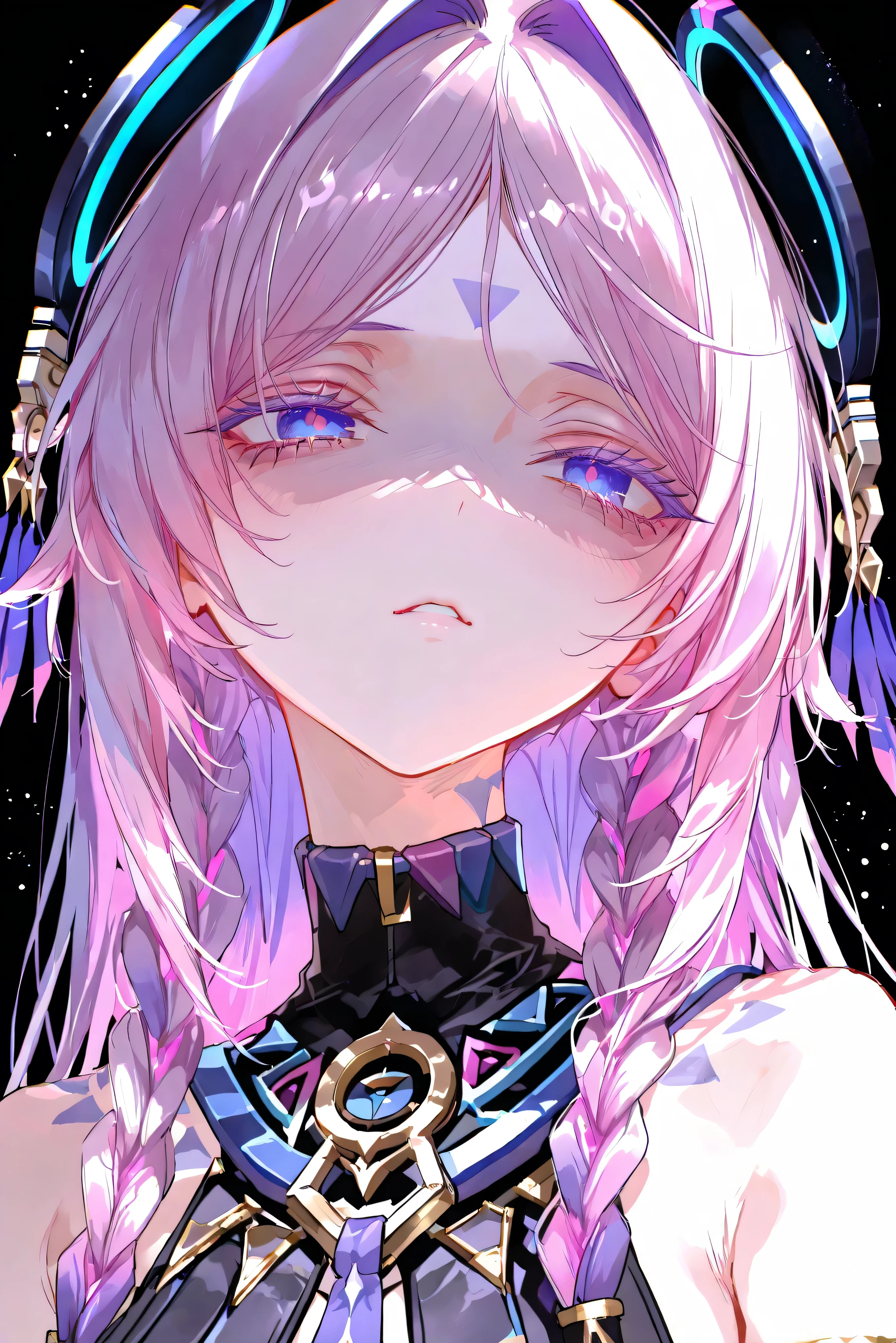 score_9, score_8_up, score_7_up, masterpiece, best quality, very aesthetic, absurdres, tunning image, light particles, attractive image, 1girl, adult grown woman, citlali \(genshin impact\), pink hair, purple hair, multicolored hair, twin braids, hair intakes, blue eyes, forehead mark, lavender eyelashes, pink pupils, headgear, long hair, colored eyelashes, masterpiece,best quality,amazing quality, pottsness style, 748cmstyle, simple background, black background, shaded eyes,