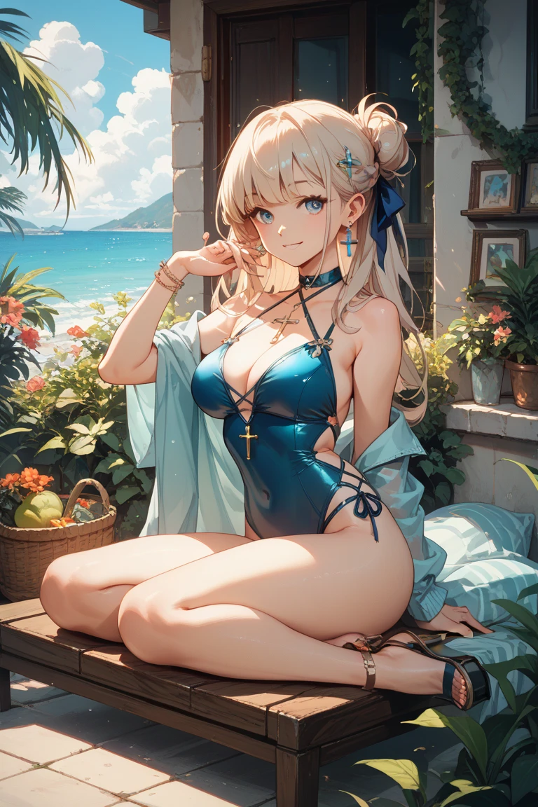 1girl, blue eyes, ((bikini, sitting, crossed legs, legs focus, high heels, smile, in a spa)), curvy figure, overlooking city, blush, day BREAK (((Masterpiece))), ((Highly detailed character)), ((perfect eyes)), ((perfect face)), ((best quality)), ((perfect hands)), high resolution, highly detailed image, thick thighs BREAK Beautiful background, volumetric lighting,