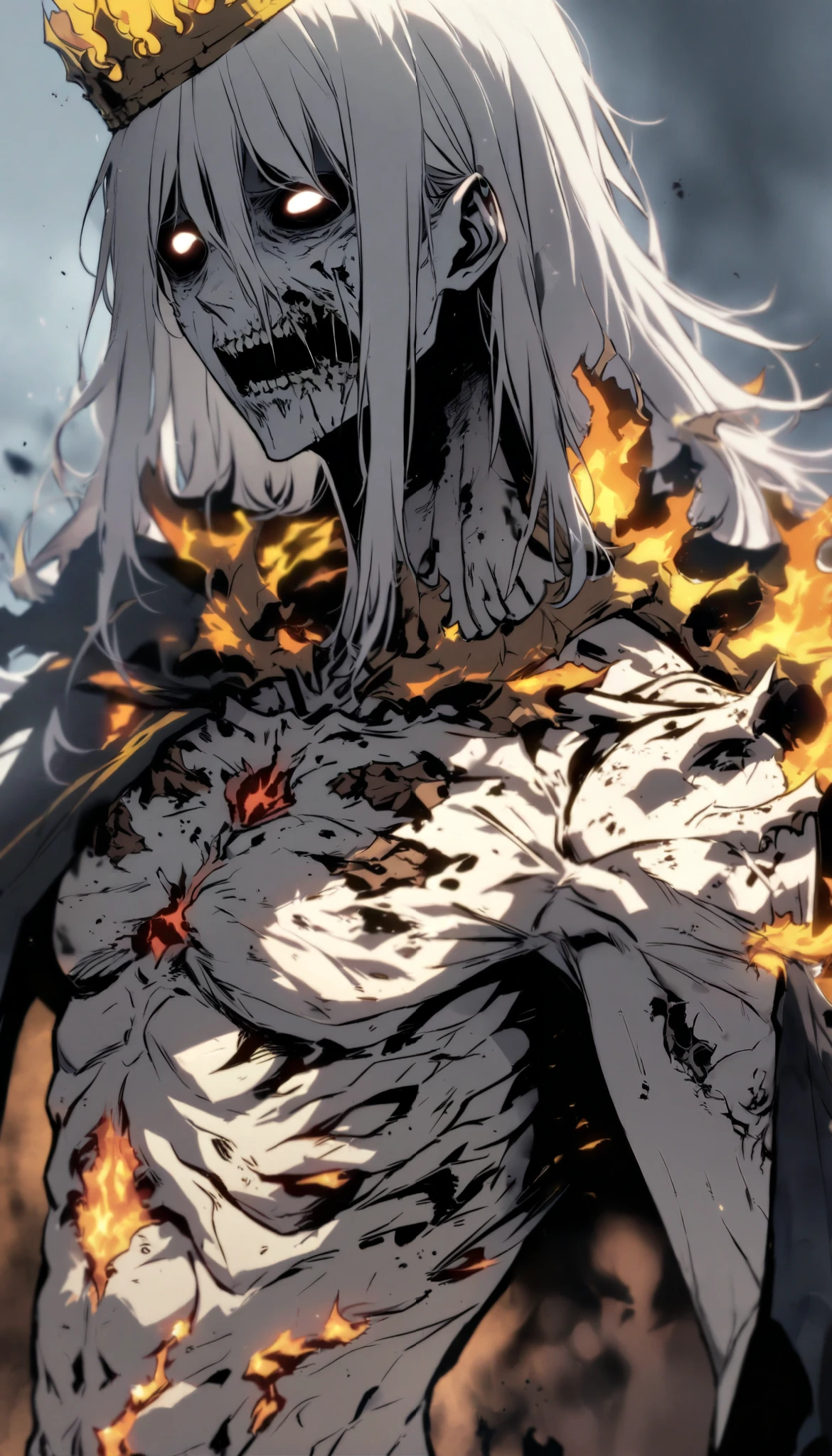 Undead, very old, Hungry, hollow cheek, ribcage, extremly skinny, alone, male, long hair, white hair, white beard, white skin, bare chested , Nose torn off , hollow eyes, Sick body, royal cape, yellow black flame, upperbody, broken crown, upperbody, hollow